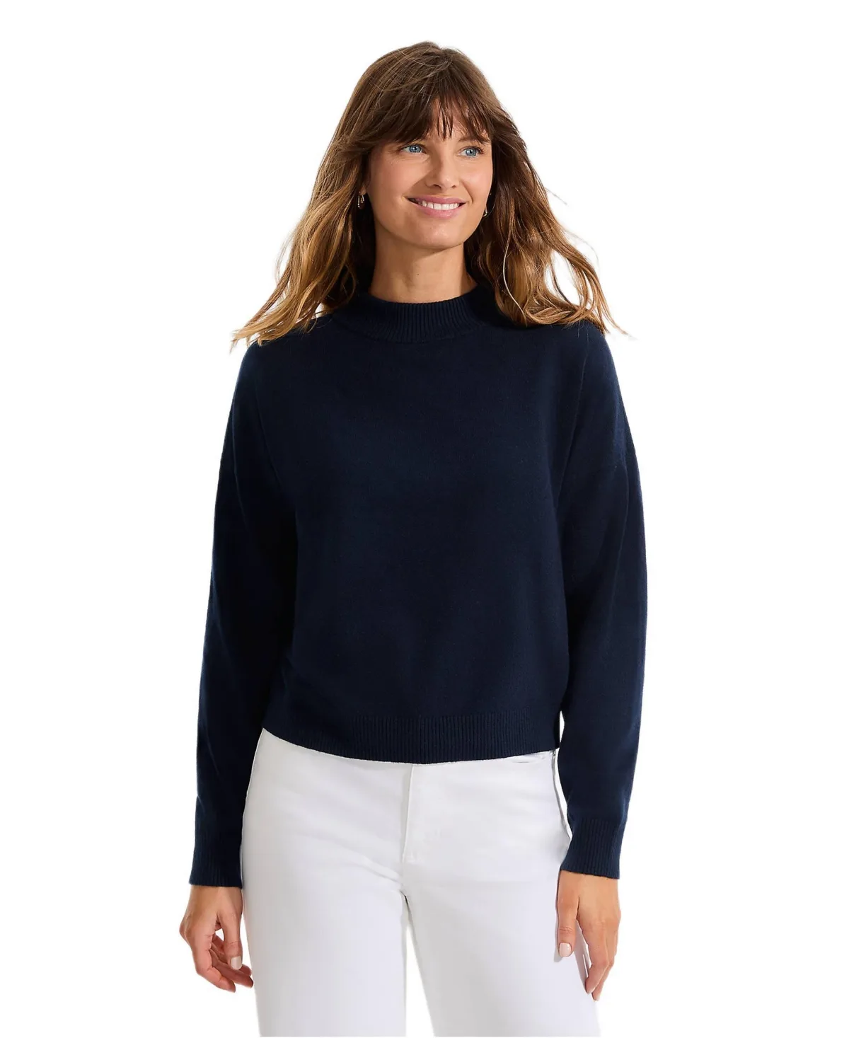 CashTouch Drop-Shoulder Mock Neck Cotton-Blend Sweater by Lands' End
