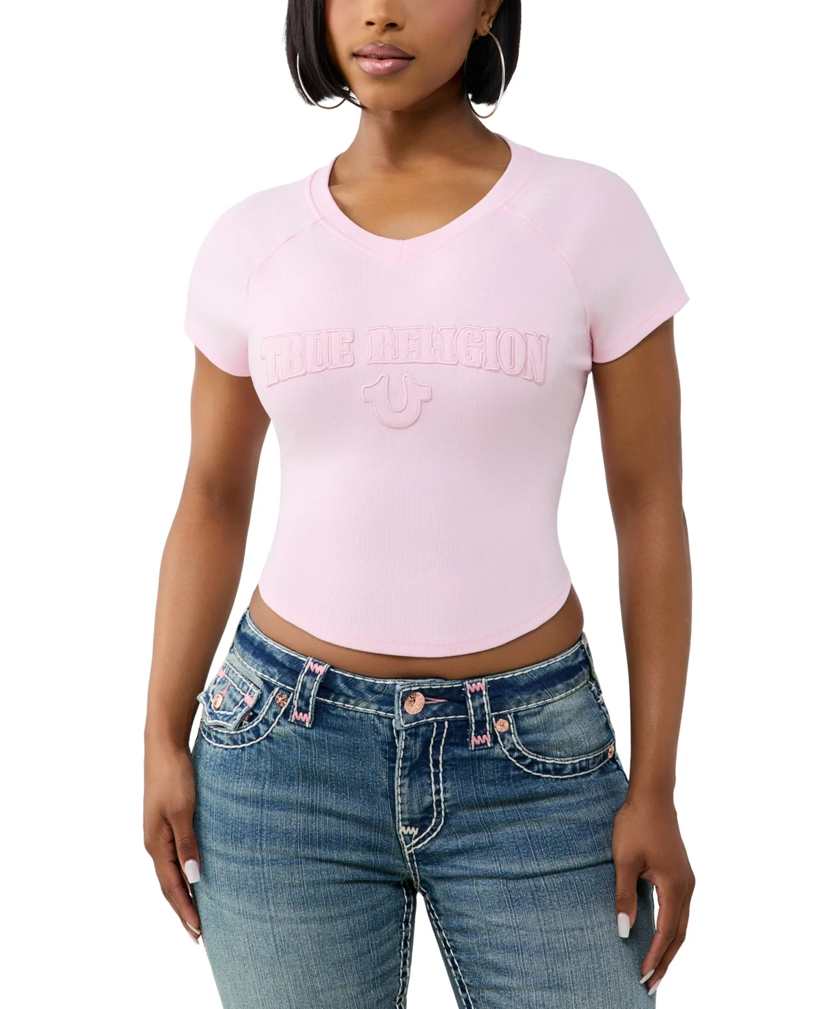 Embroidered Washed Rib Baby Short-Sleeve V-Neck Crop T-Shirt by True Religion