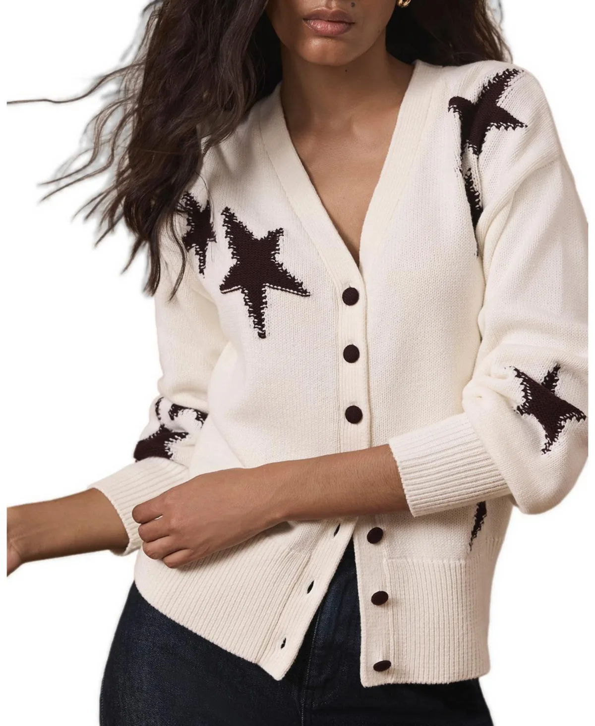 Long-Sleeve V-Neck Star-Detail Cardigan by Mint Velvet