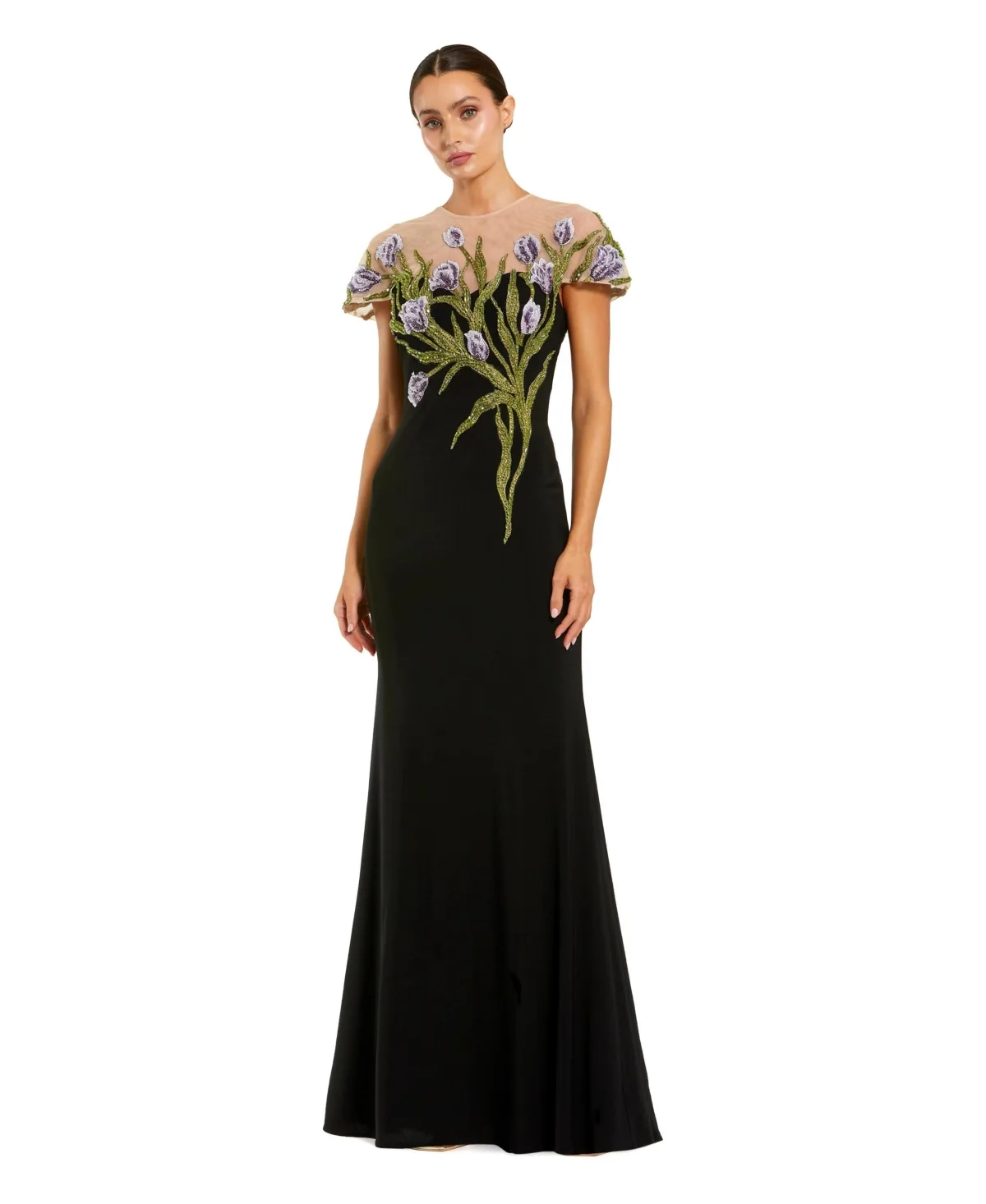 Mac Duggal Jersey Floral Embroidered Illusion Neck Gown