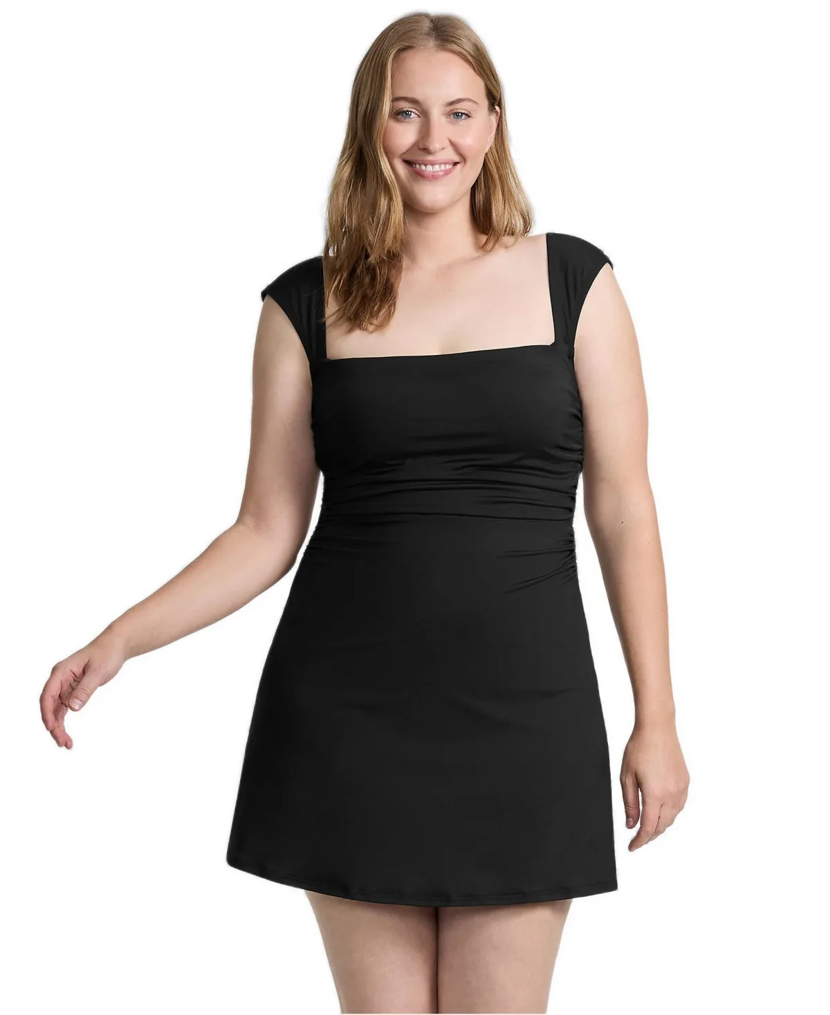 Smoothing Square Neck Ruched Swim Dress Swimsuit by Lands' End