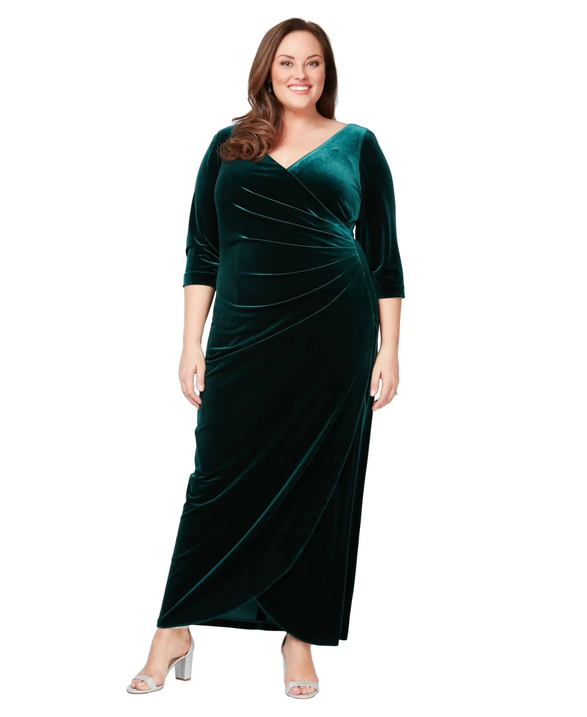 Velvet Ruched 3/4-Sleeve Gown by Alex Evenings