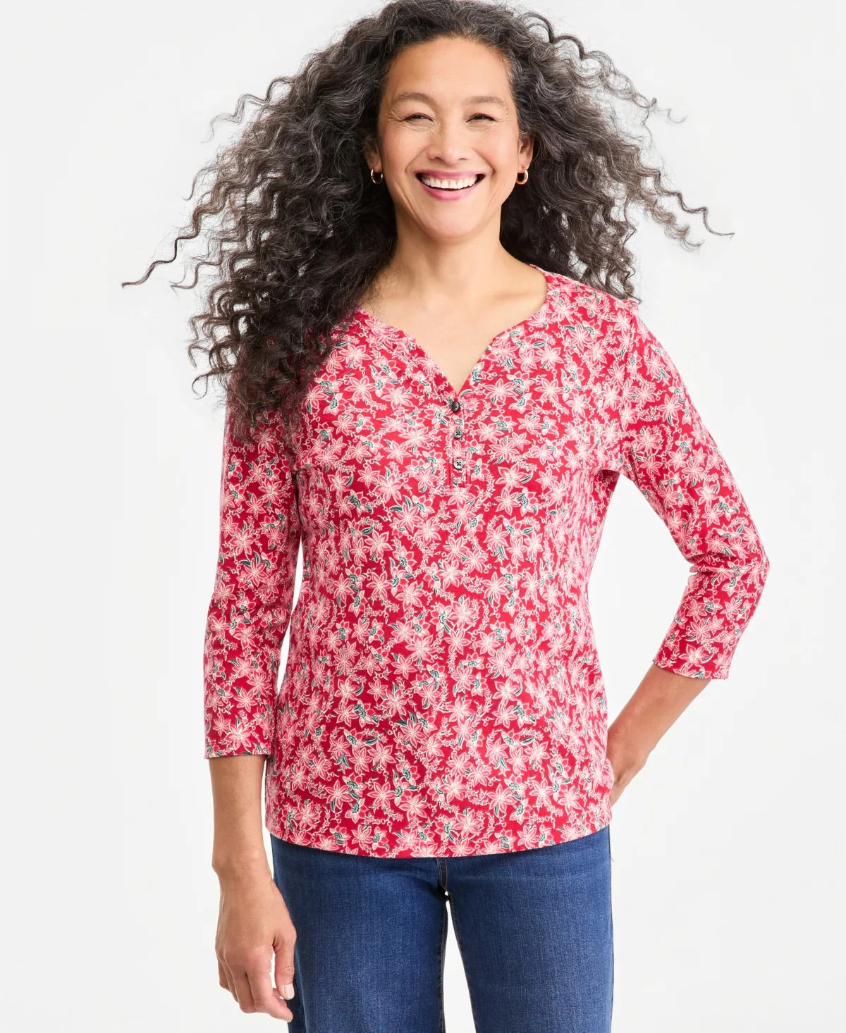 3/4-Sleeve Floral-Print Henley T-Shirt by Style & Co