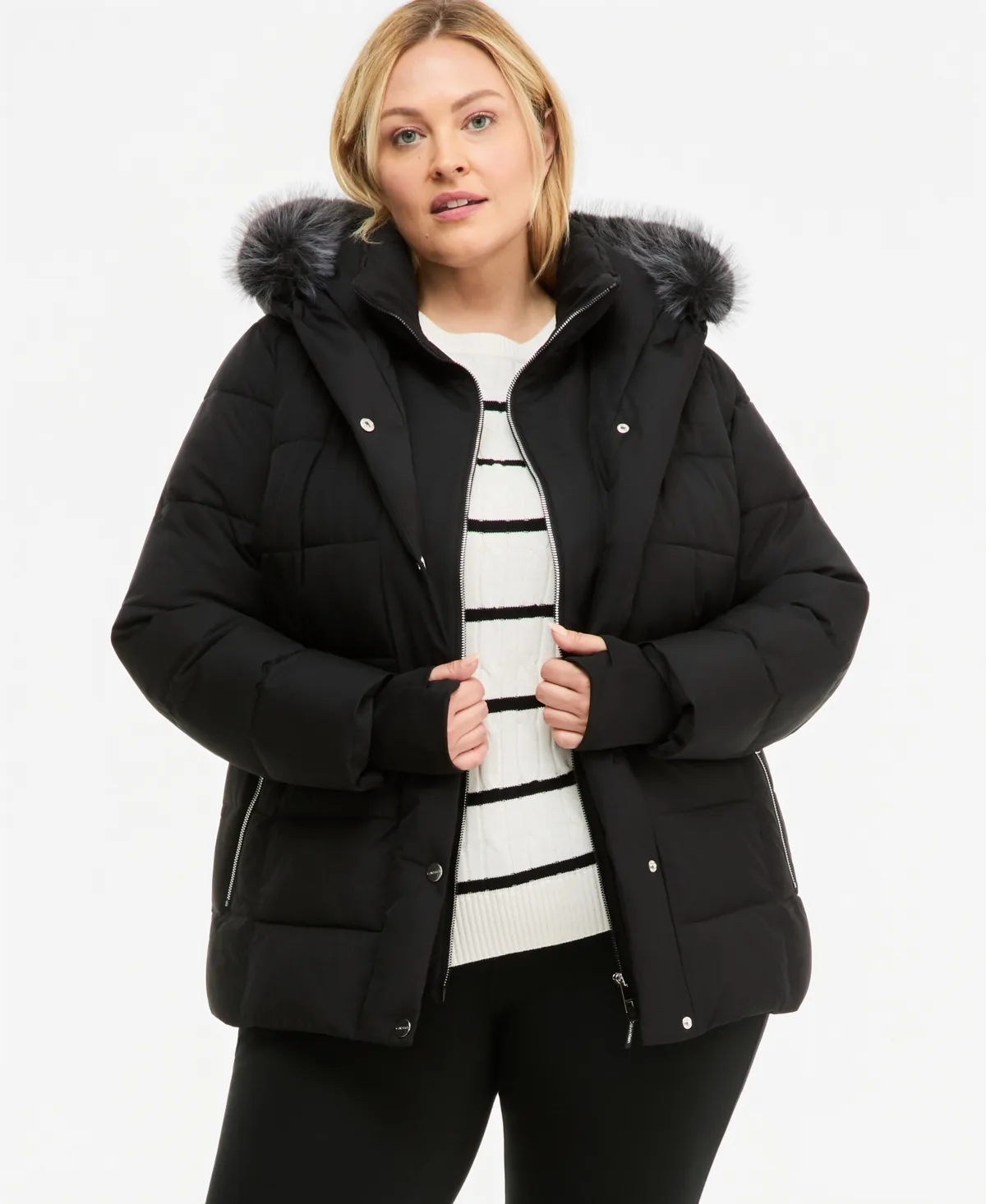 Bibbed Faux-Fur Hooded Utility Puffer Coat by Calvin Klein