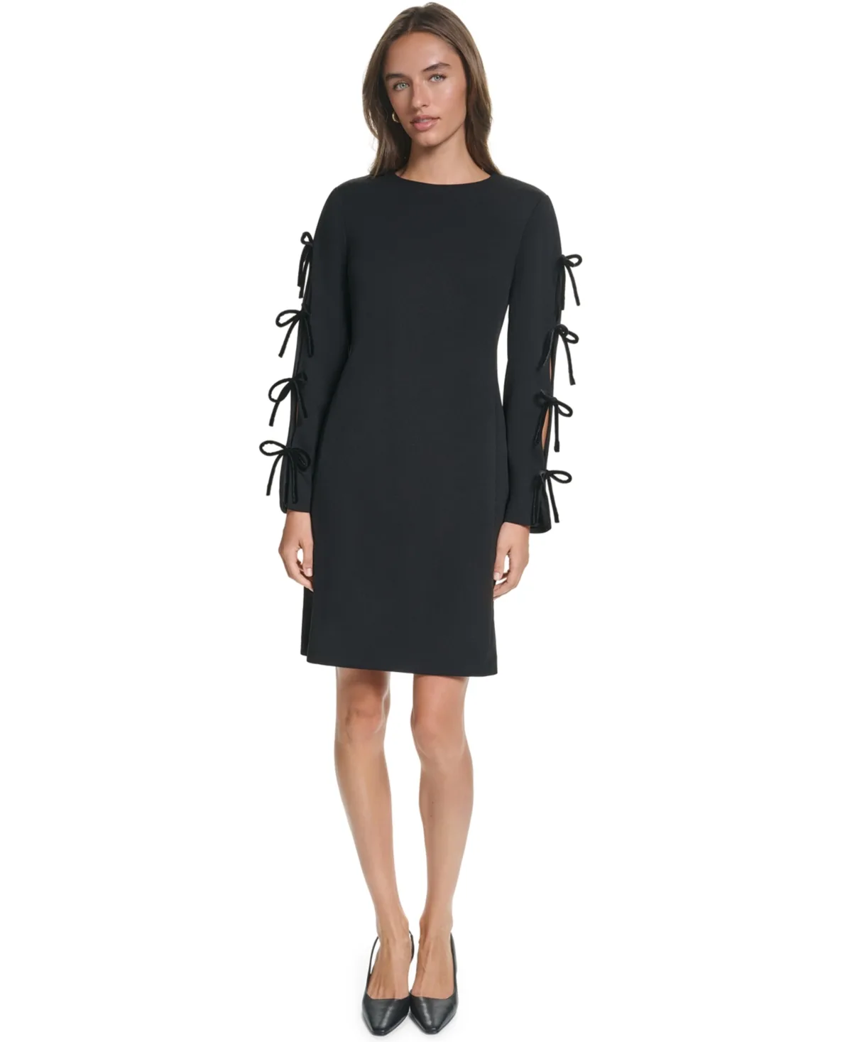 Long-Sleeve A-Line Scuba Crepe Dress with Velvet Bow