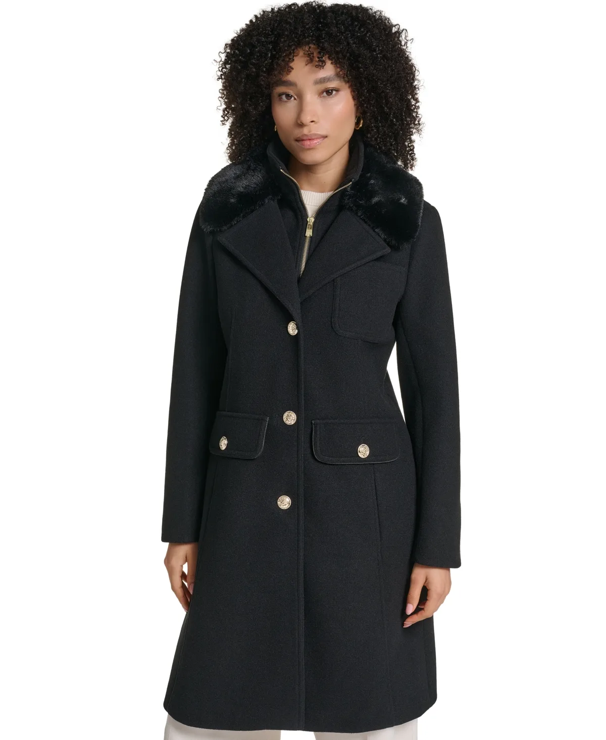 Bibbed Faux-Fur Collar Lined Coat by Karl Lagerfeld