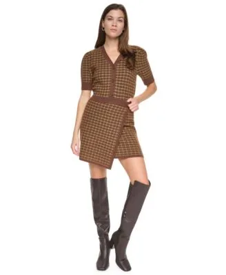 Plaid Cropped Puff Short Sleeve Cardigan High Waisted a Line Plaid Mini Skirt by DKNY