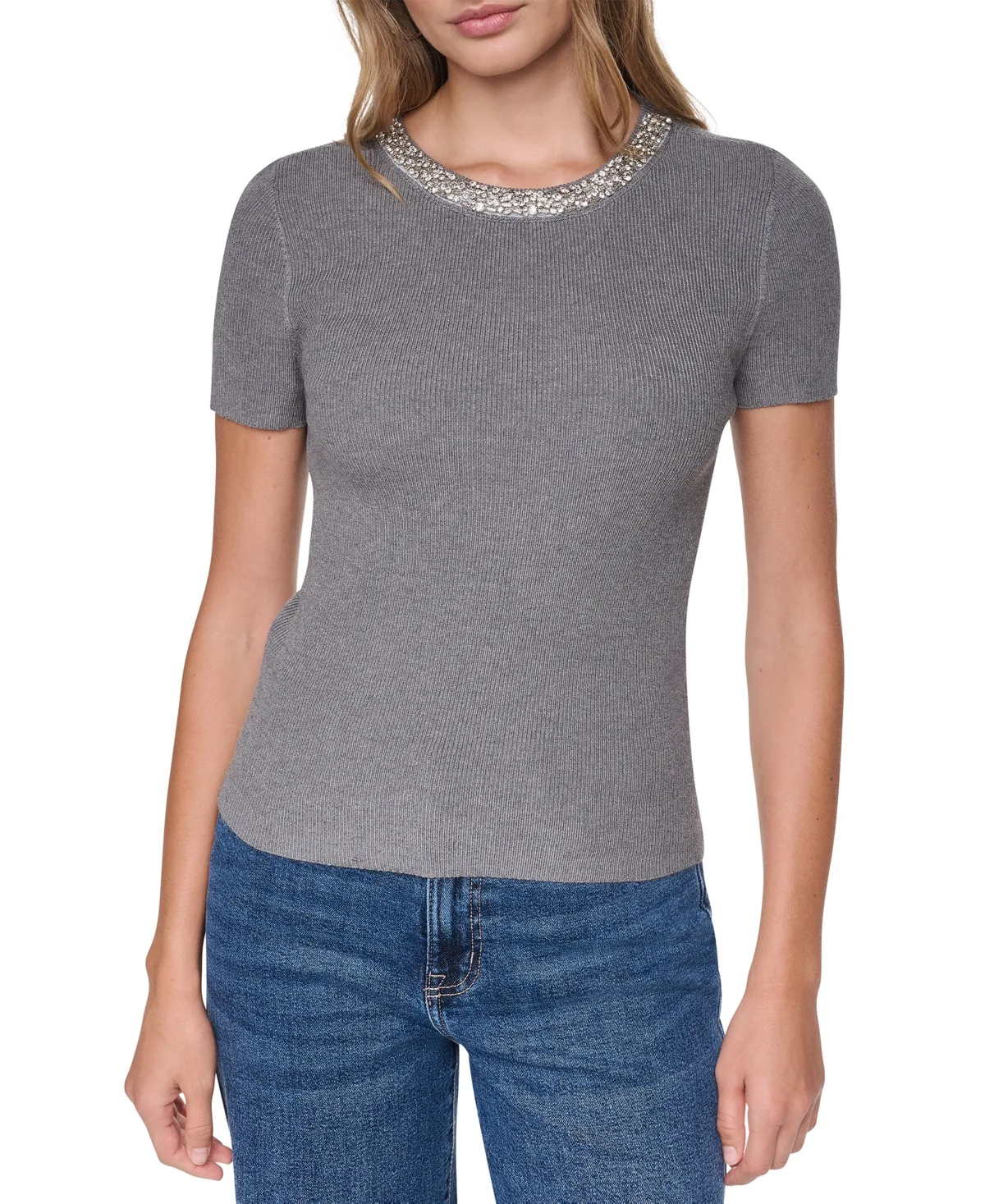 Embellished Ribbed-Knit Short-Sleeve Crewneck Sweater by DKNY