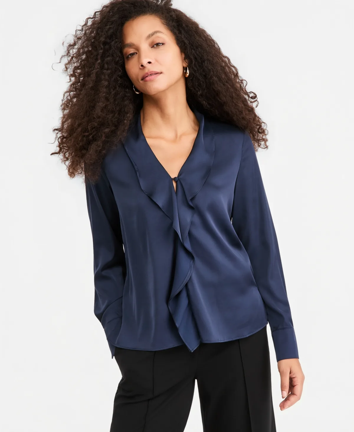 Emmaggravi V-Neck Satin Puff-Cuff Long-Sleeve Blouse by Emme Marella