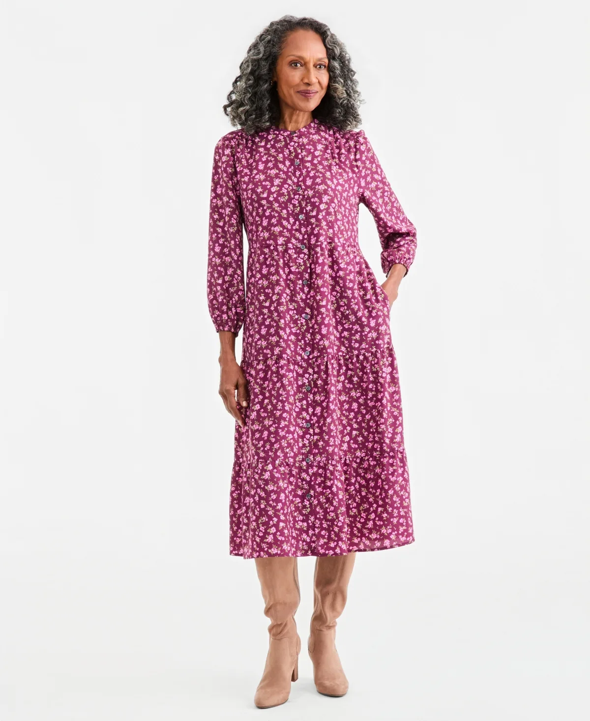 Printed Long-Sleeve Tiered Midi Dress by Style & Co
