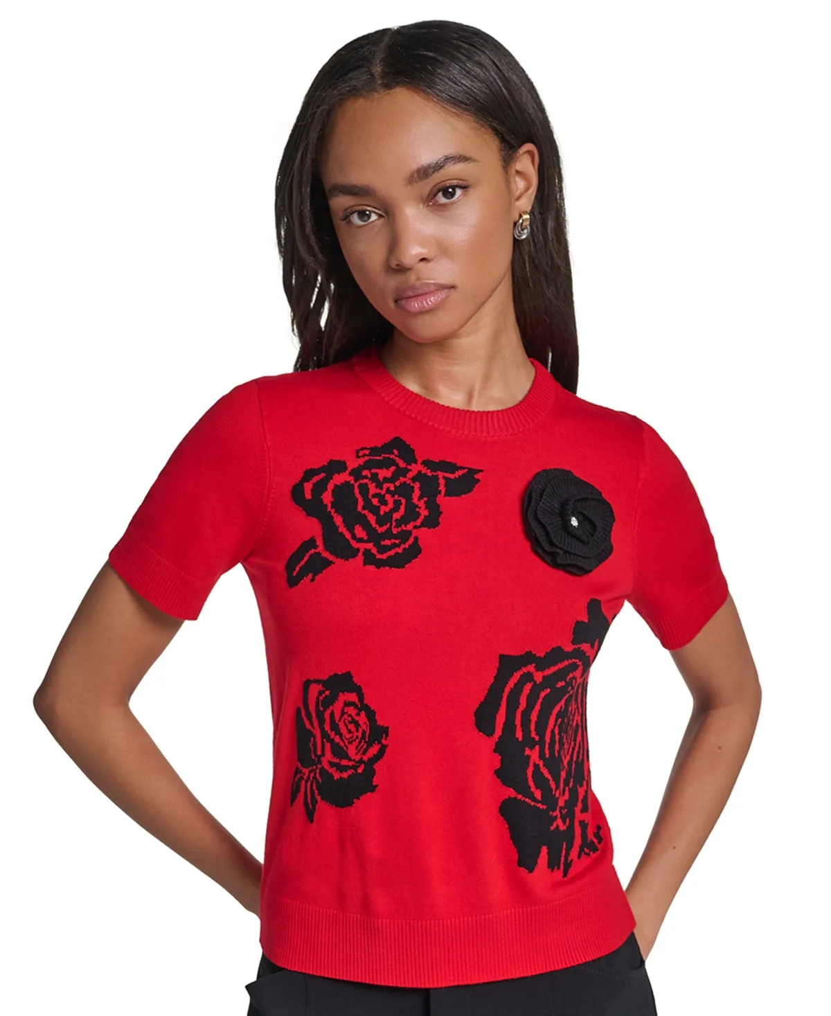 All Over Rose Floral Crewneck Short-Sleeve Sweater by Karl Lagerfeld