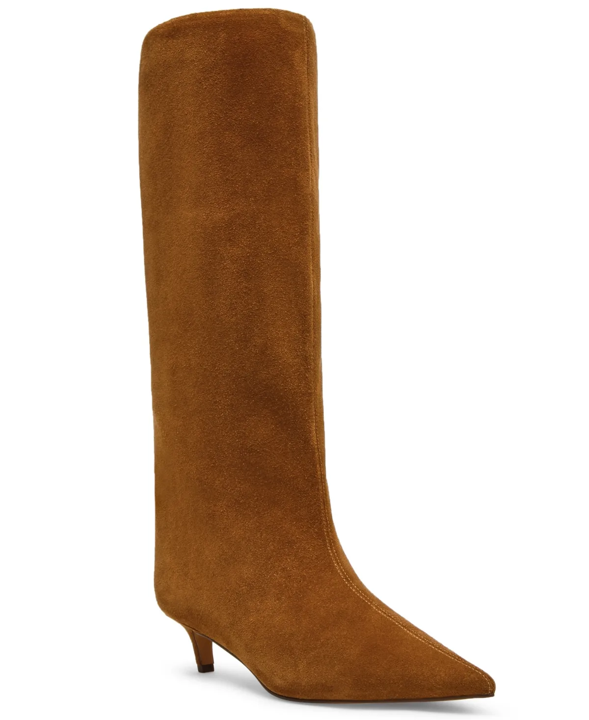 Lychee Wide-Calf Kitten-Heel Stovepipe Knee-High Dress Boots - Chestnut Suede