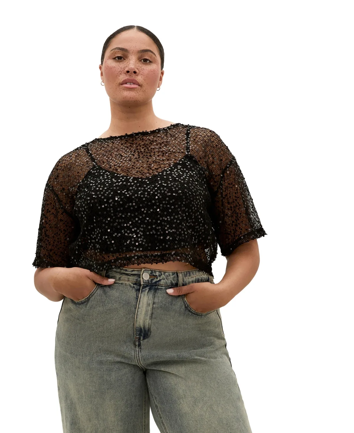Stardust Sheer-Mesh Sequin Crop Top