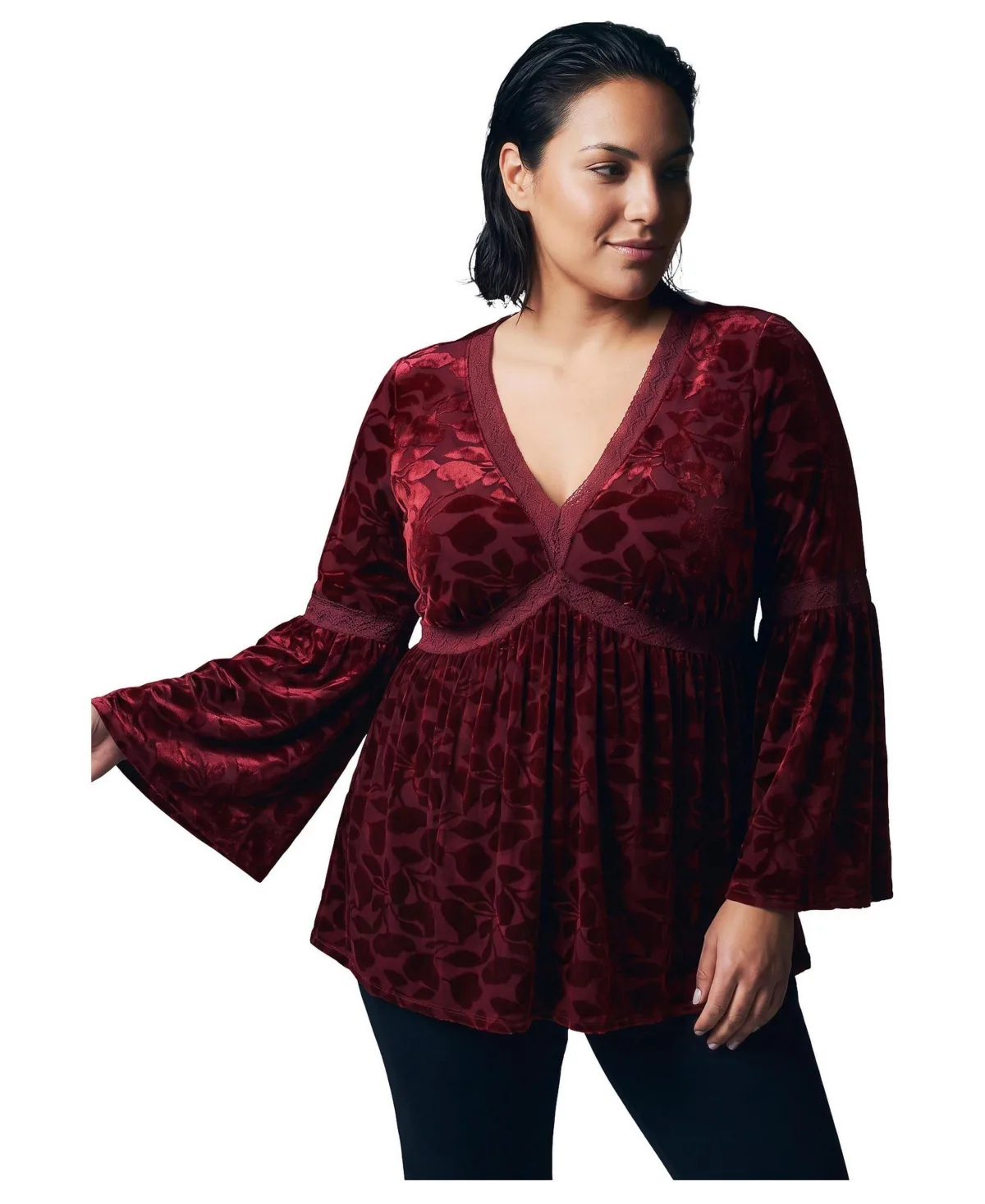 Lorelei Bell-Sleeve V-Neck Lace-Trim Blouse