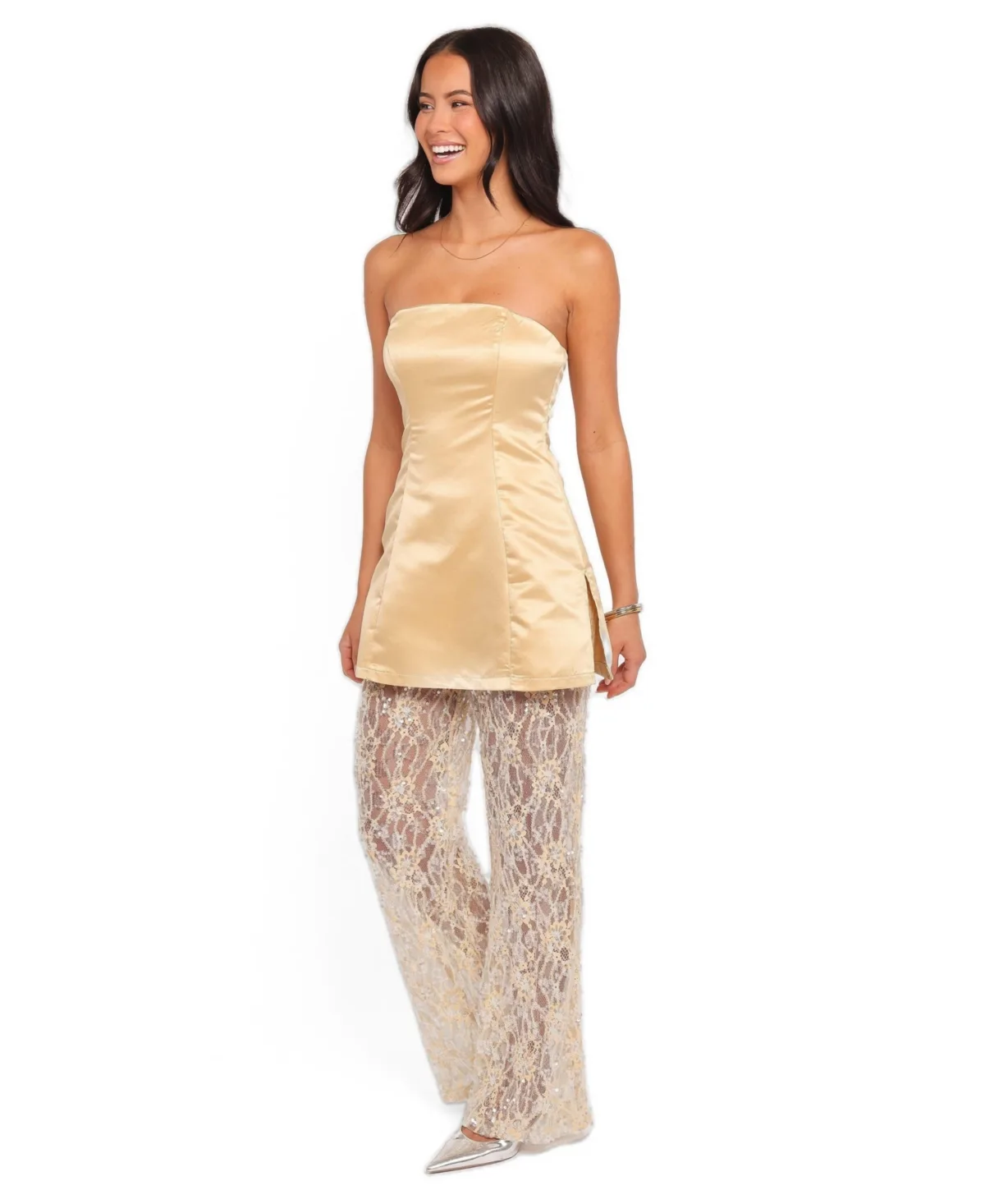 Oxley Strapless Wide-Leg Satin Jumpsuit by Petal and Pup