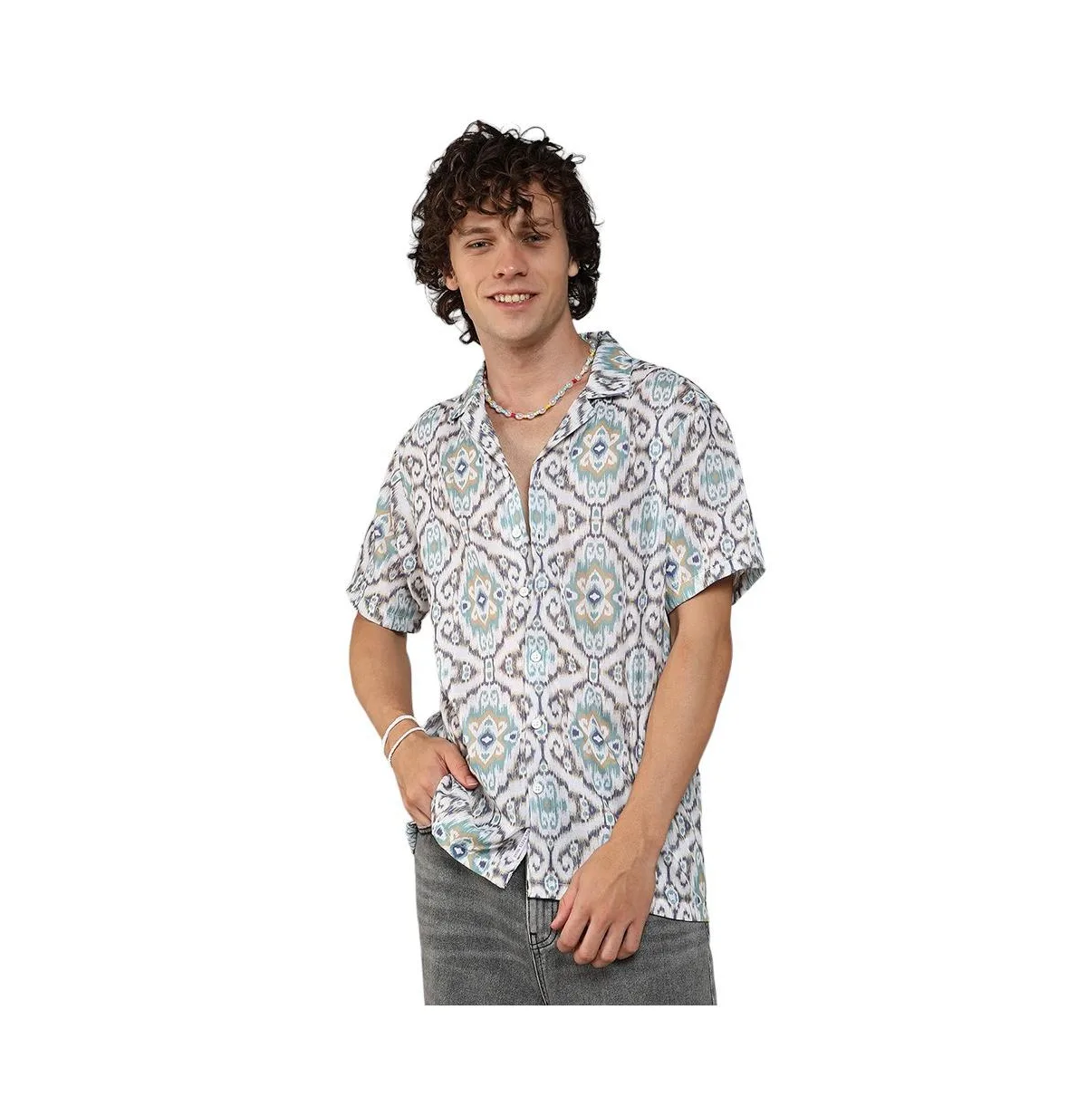 Ivory White & Sage Green Ikkat Shirt by Campus Sutra