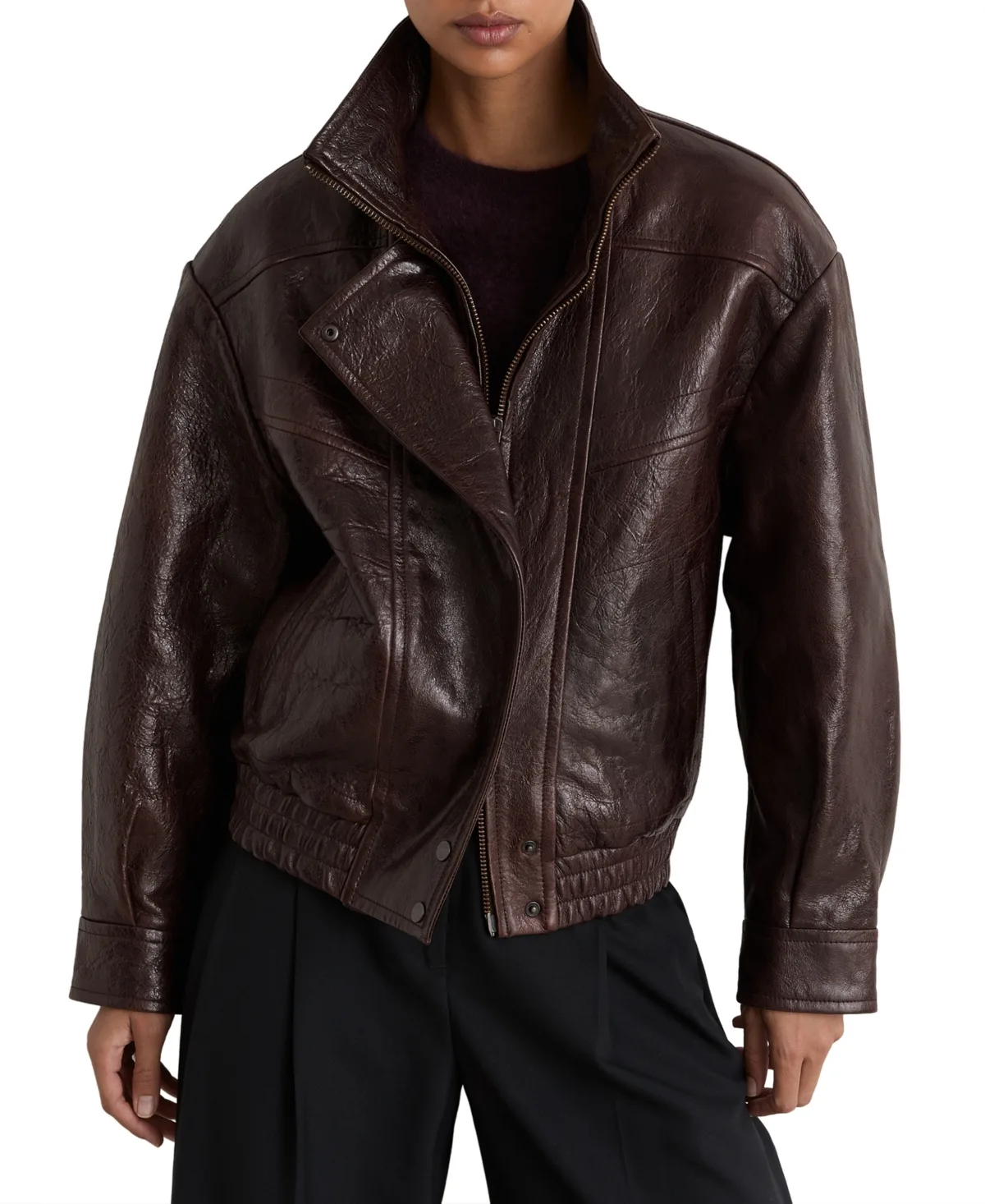 Petra Oversized Funnel-Neck Leather Jacket by Reiss