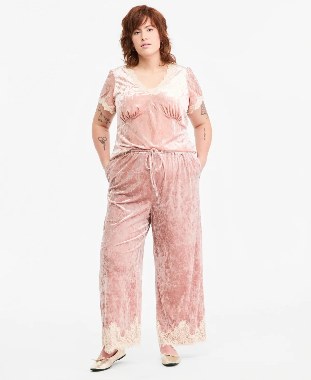 Velvet Lace-Trim Wide-Leg High-Waisted Pants by And Now This