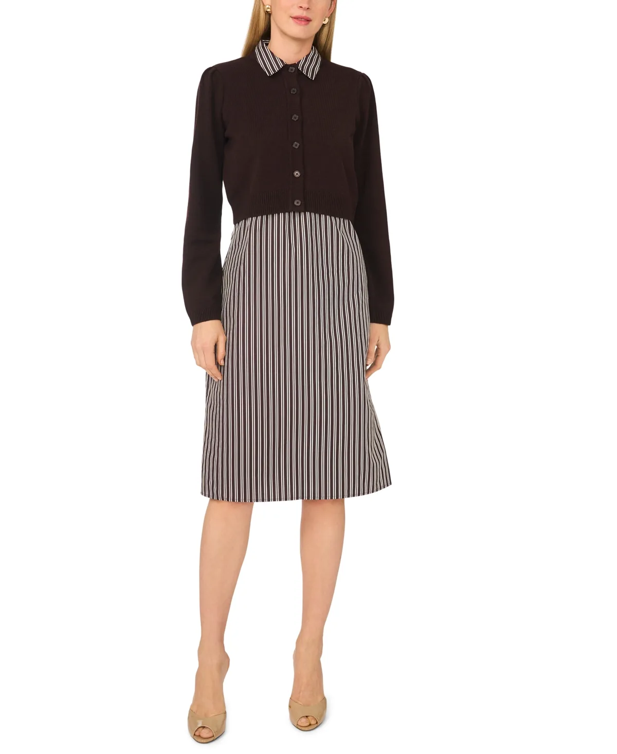 Long-Sleeve Striped Cotton Midi Dress with Cardigan Sweater, 2-Piece Set by Msk