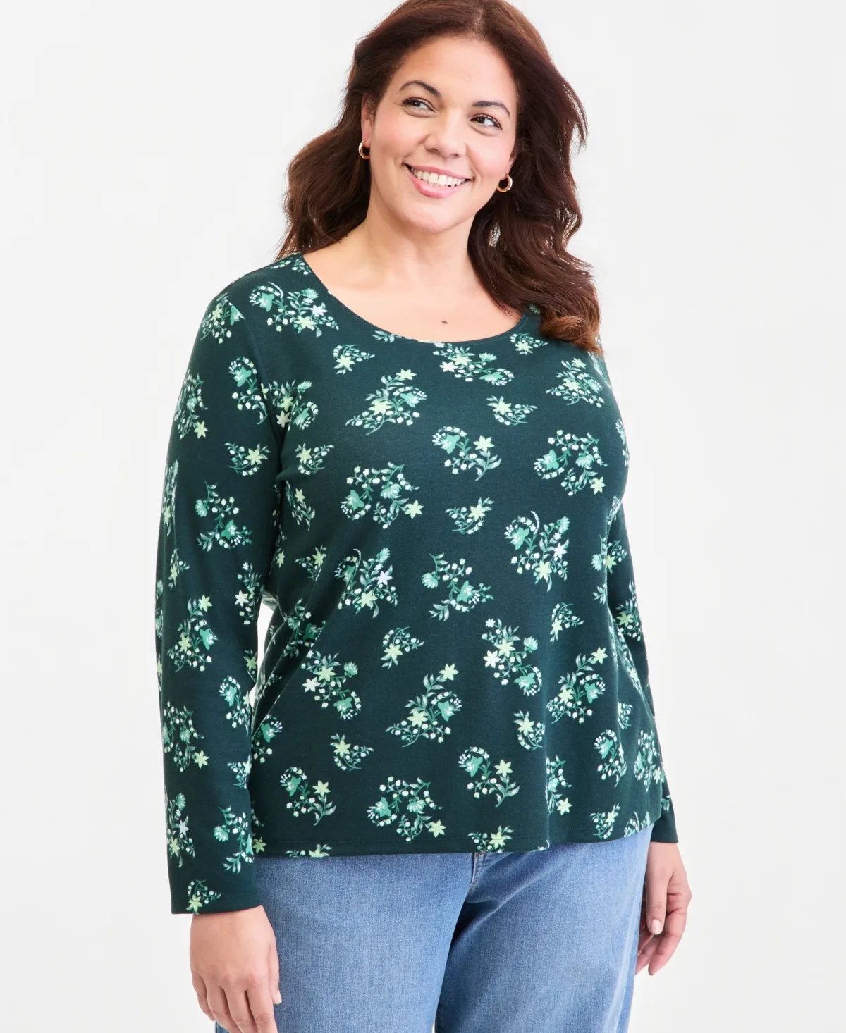 Printed Long-Sleeve Scoop-Neck Top
