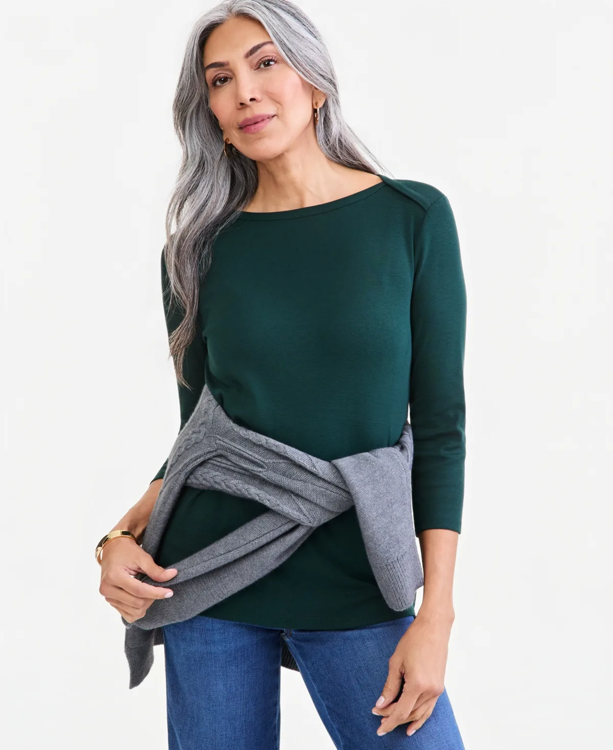 Pima Cotton 3/4-Sleeve Boat-Neck Top