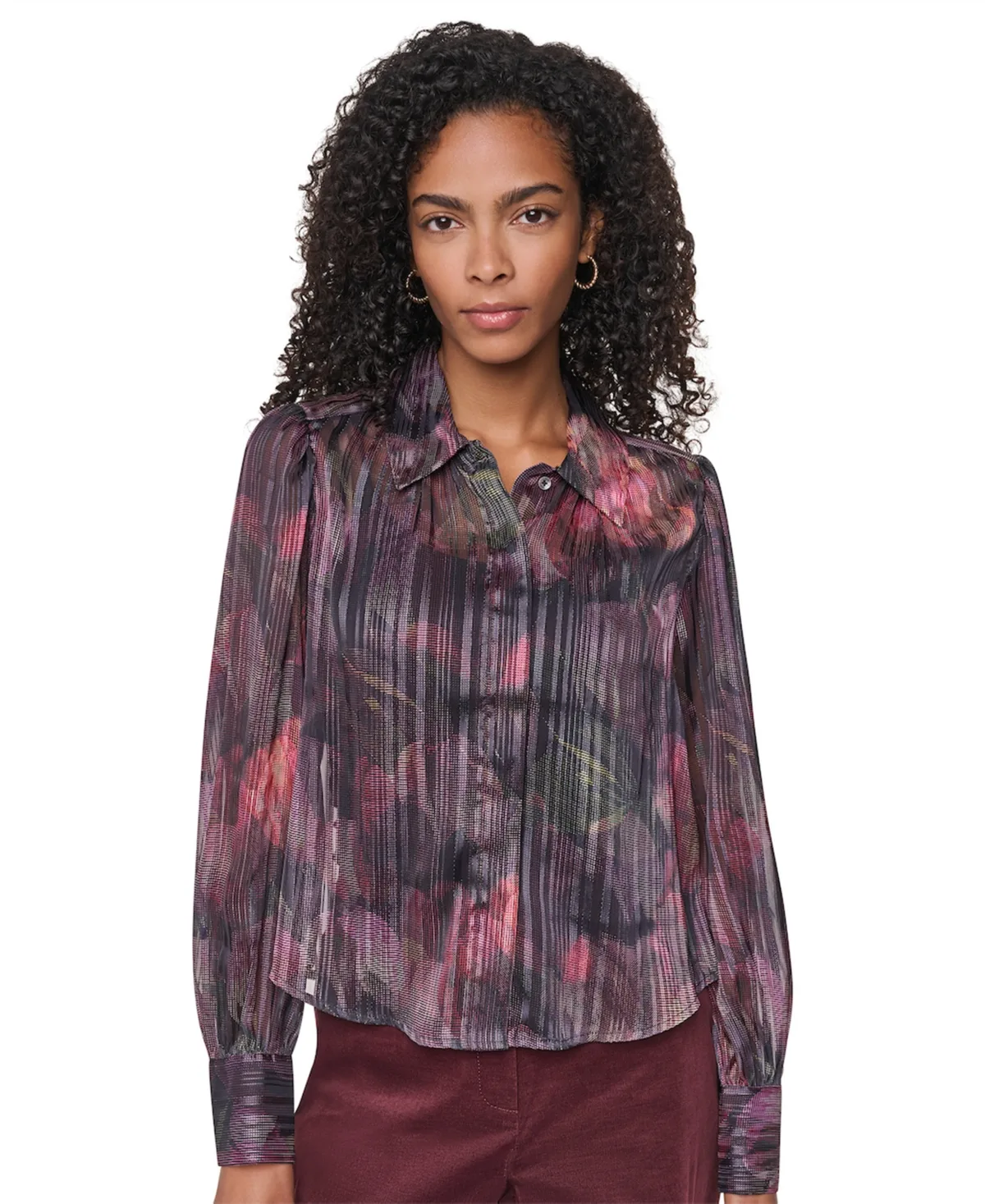 Lurex-Stripe Collared Long-Sleeve Blouse by DKNY