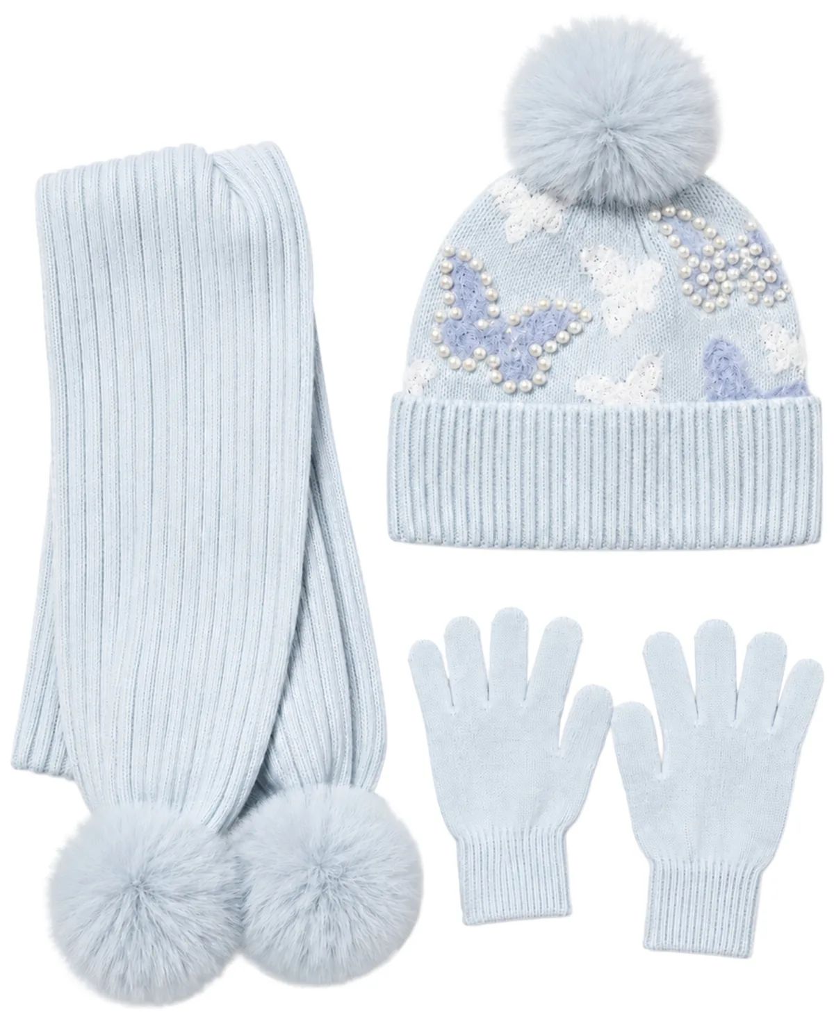 Butterfly Pom-Pom Ribbed Knit Hat, Scarf and Gloves, 3-Piece Set by Rainbow