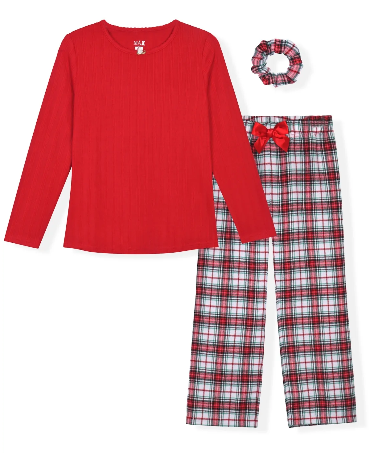 Long-Sleeve Crewneck Plaid Pajama, 3-Piece Set by Max & Olivia