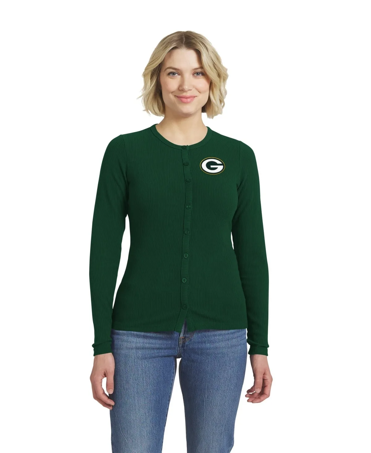 Bay Packers Ribbed Crewneck Cardigan Sweater by Wear by Erin Andrews