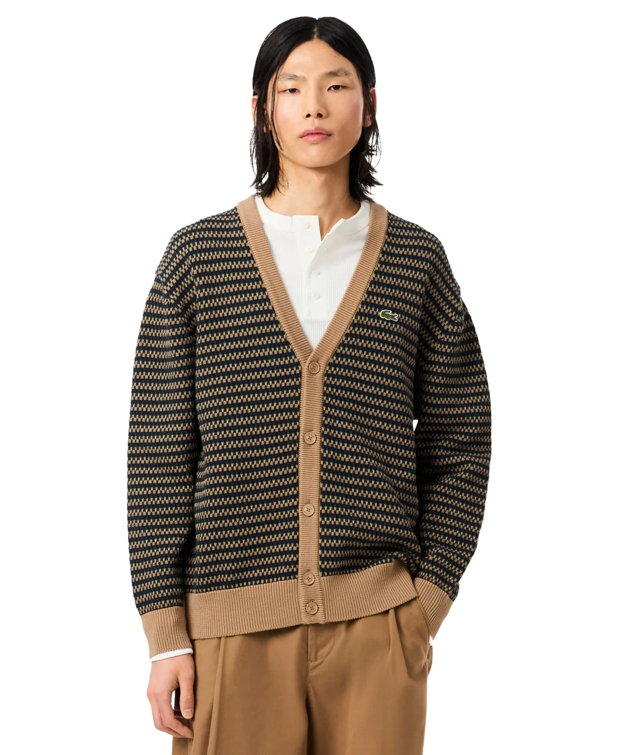 Striped Cotton-Blend V-Neck Cardigan by Lacoste