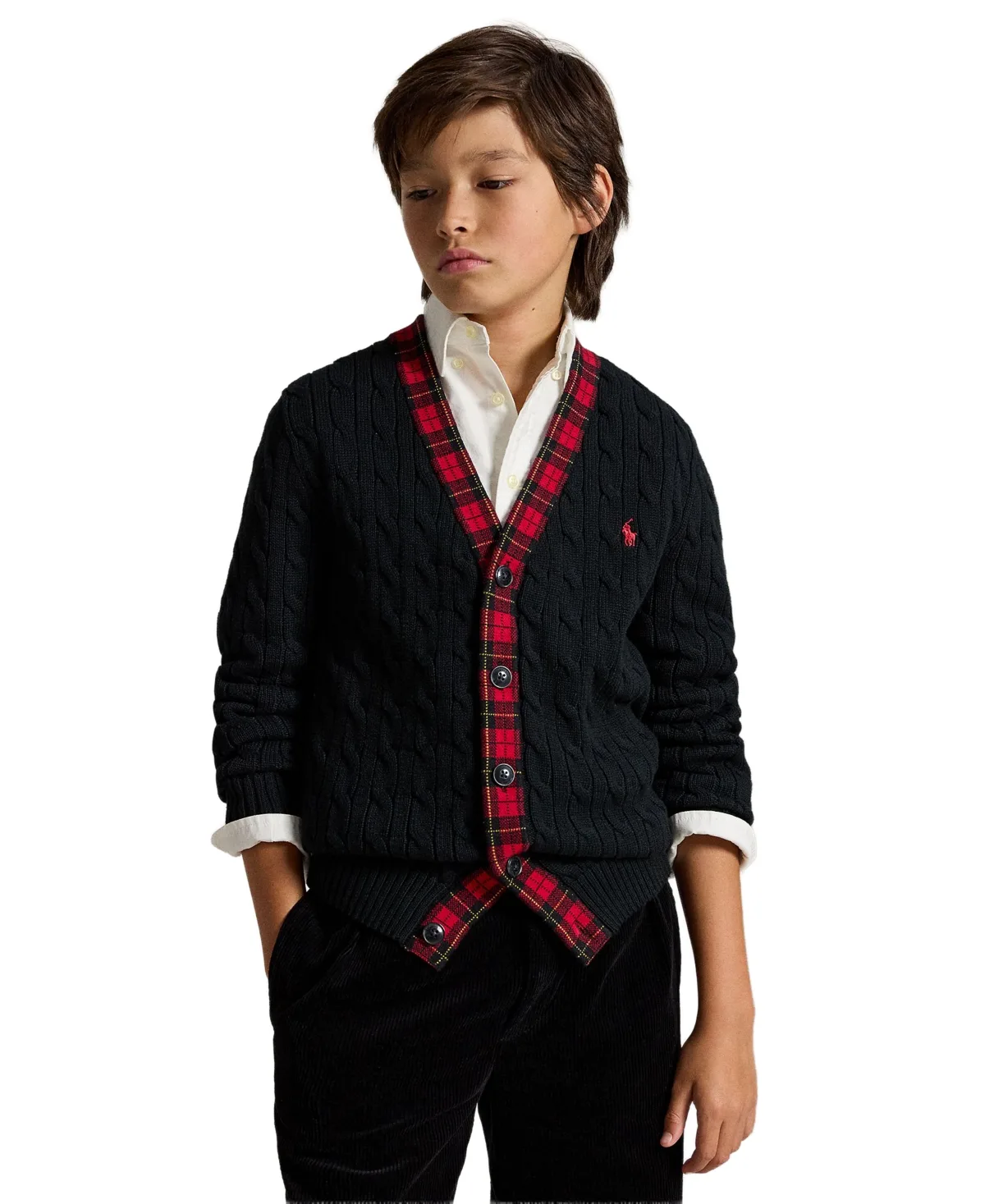 Cable-Knit Plaid-Trim Cardigan by Polo Ralph Lauren