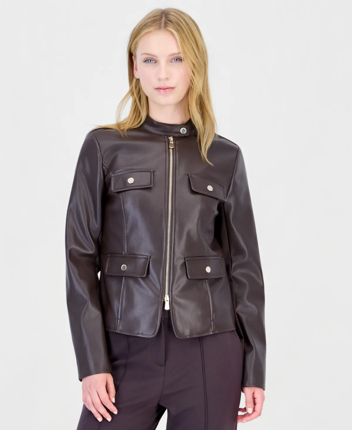 Zip-Up Mixed-Media Faux Leather Jacket