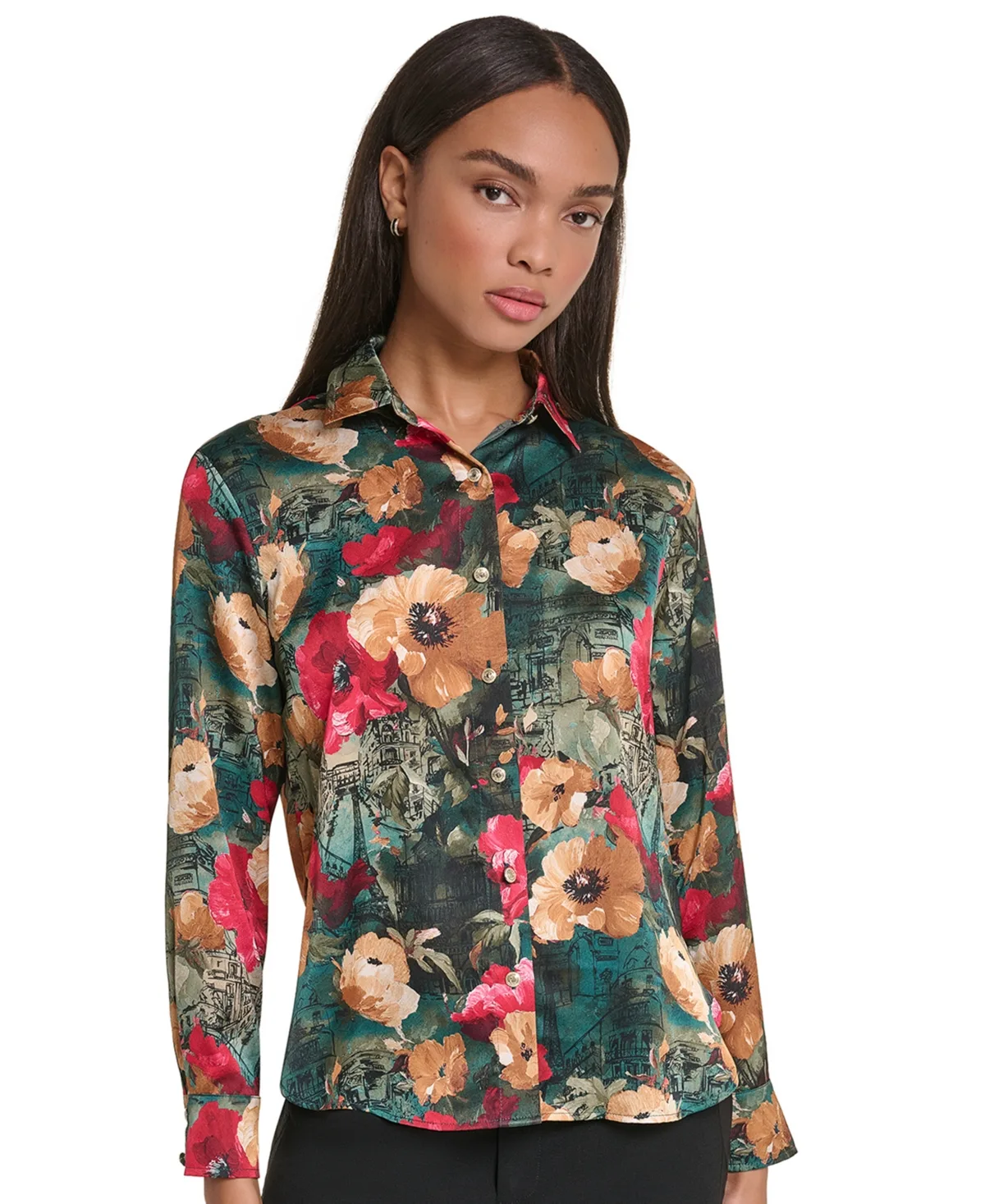 Satin Floral Long-Sleeve Blouse by Karl Lagerfeld