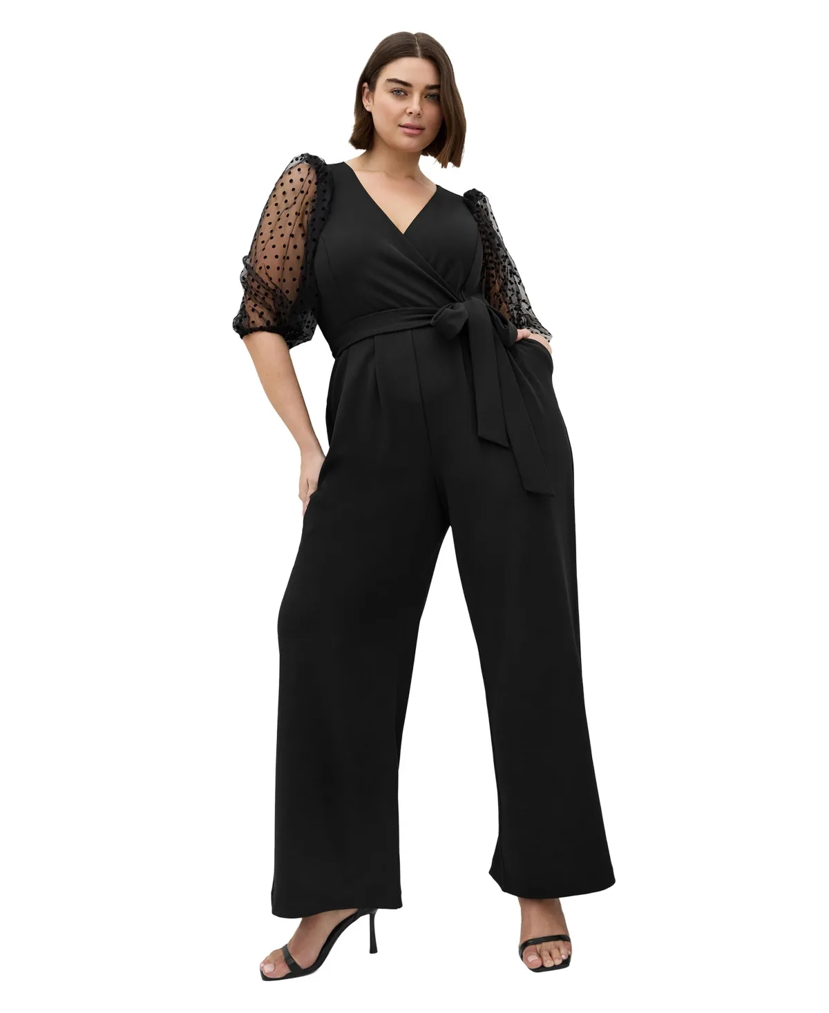 Asher Spot Mesh Sleeve Jumpsuit by City Chic