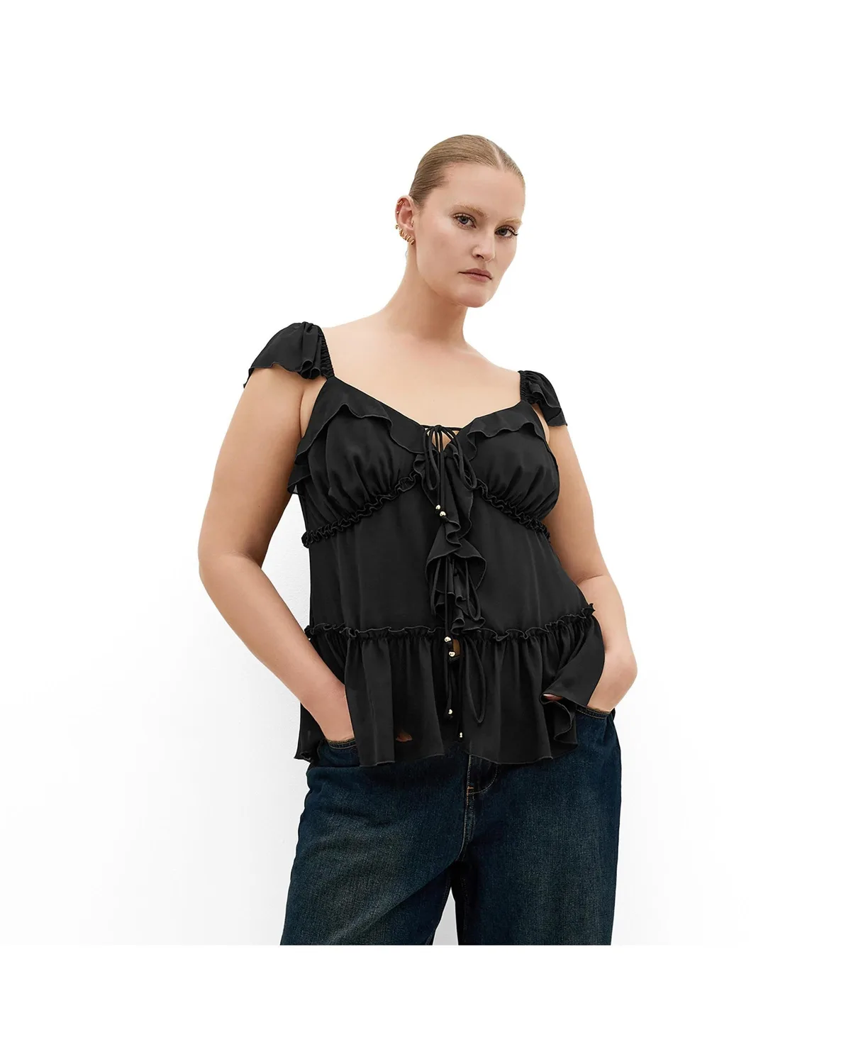 Bryn V-Neck Frilled Tie-Front Blouse by City Chic