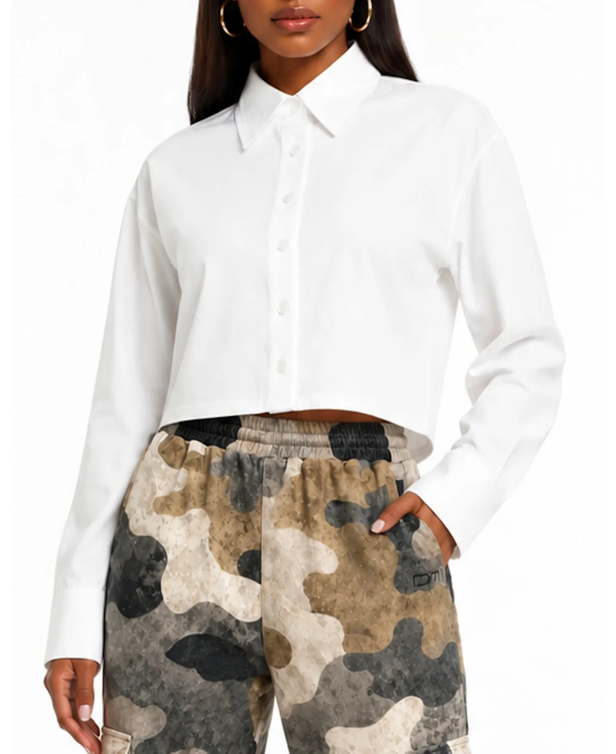 Long-Sleeve Cropped Button-Up Shirt by Dai Moda