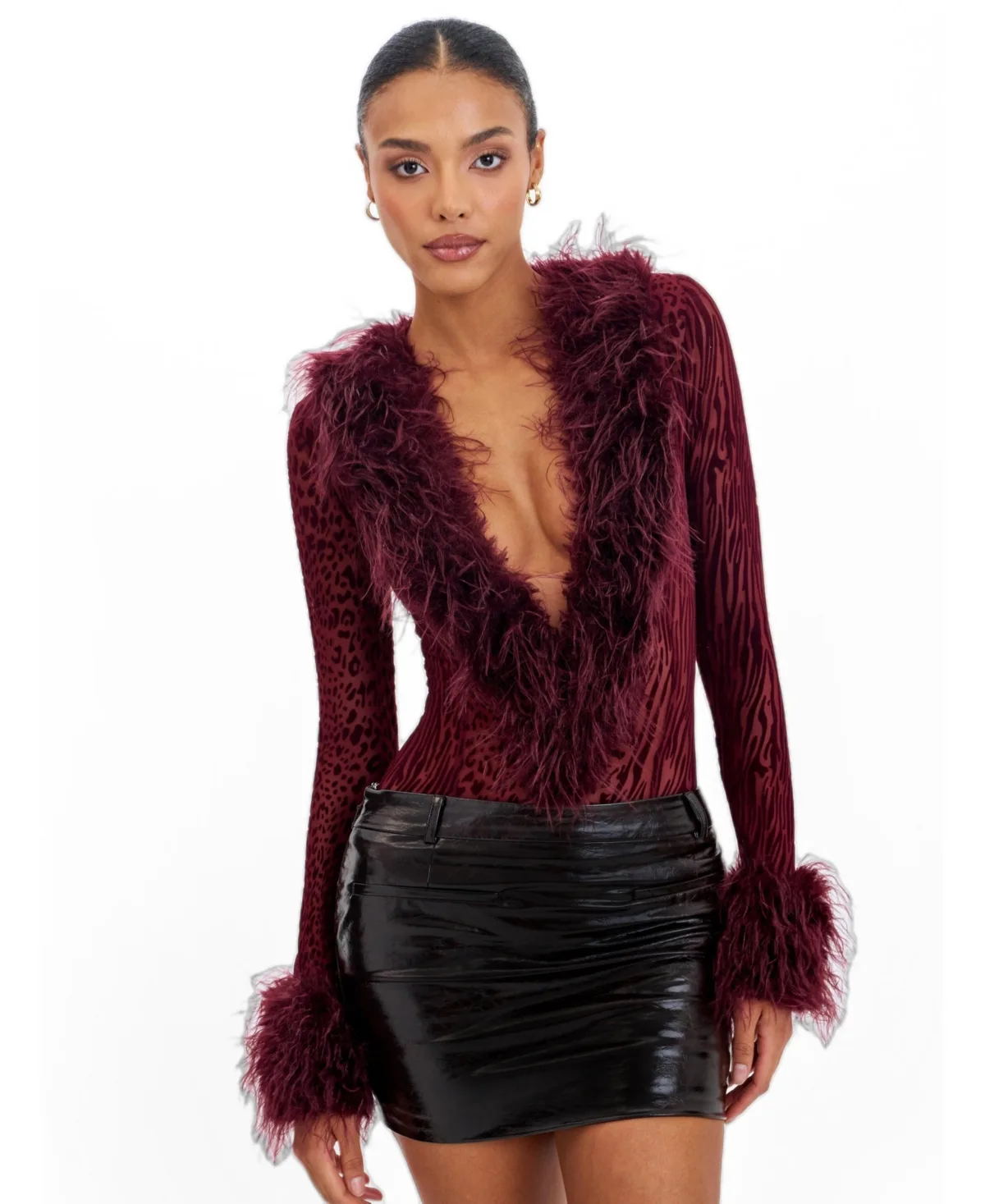 Valene Burnout Velvet Fur-Trim Bodysuit by Miss Circle