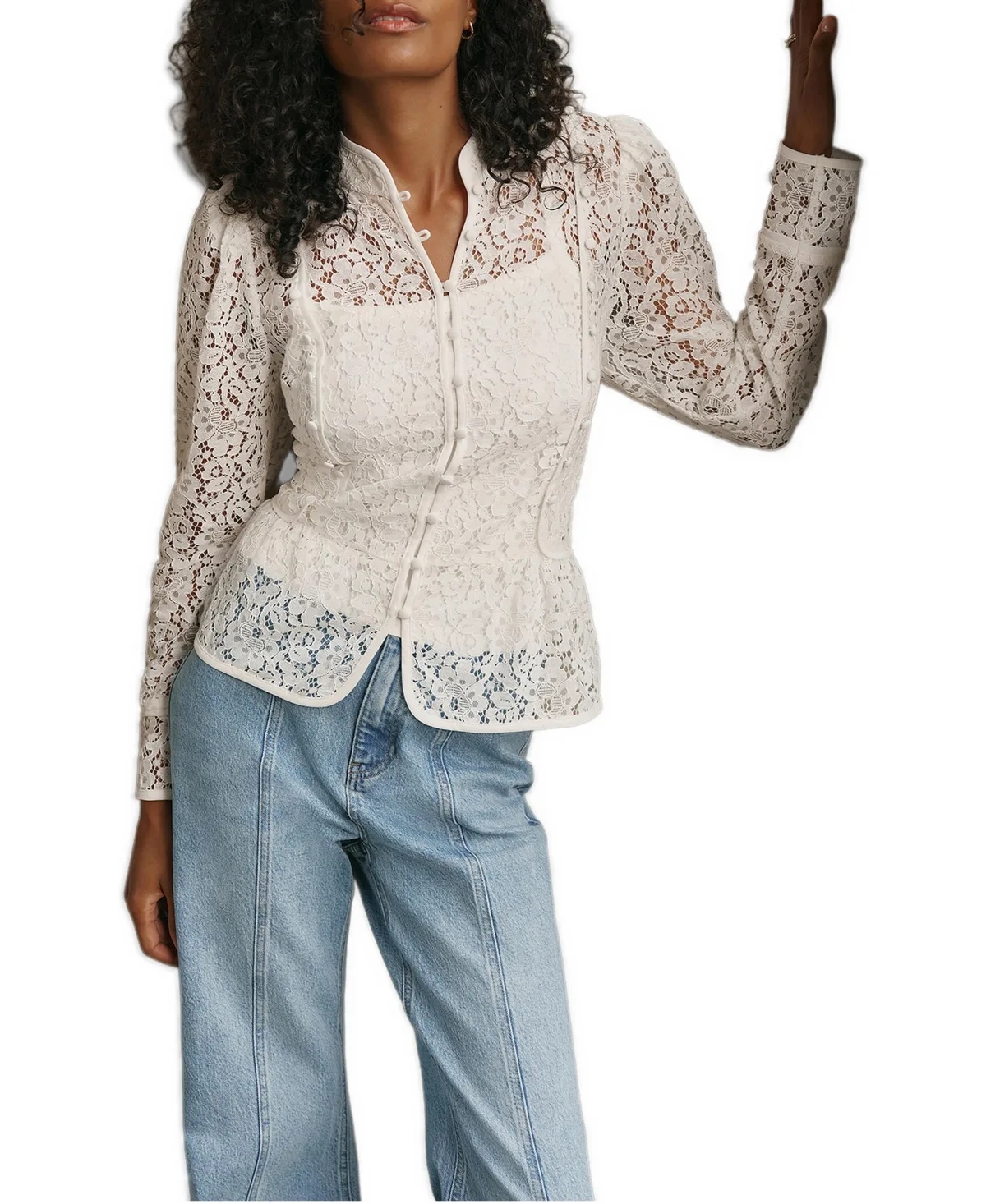 High-Neck Puff-Shoulder Peplum Lace Blouse by Mint Velvet