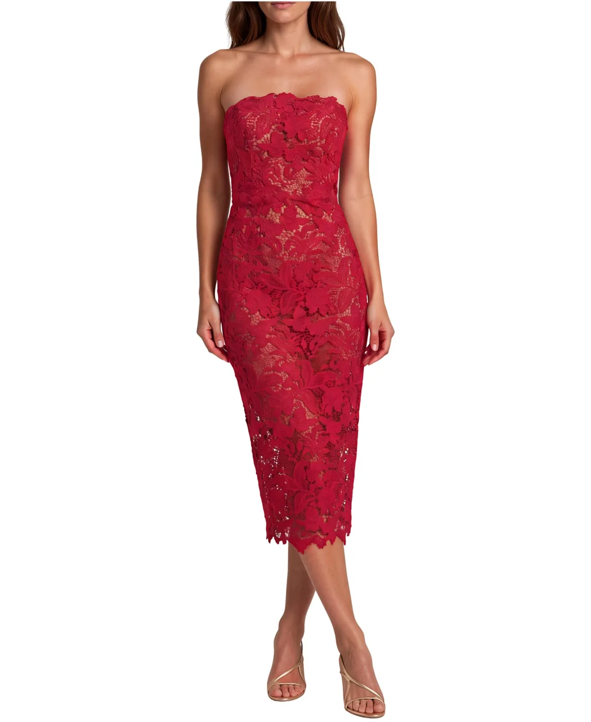 Strapless Guipure Lace Scalloped Hem Midi Dress by Rene Ruiz Occasion