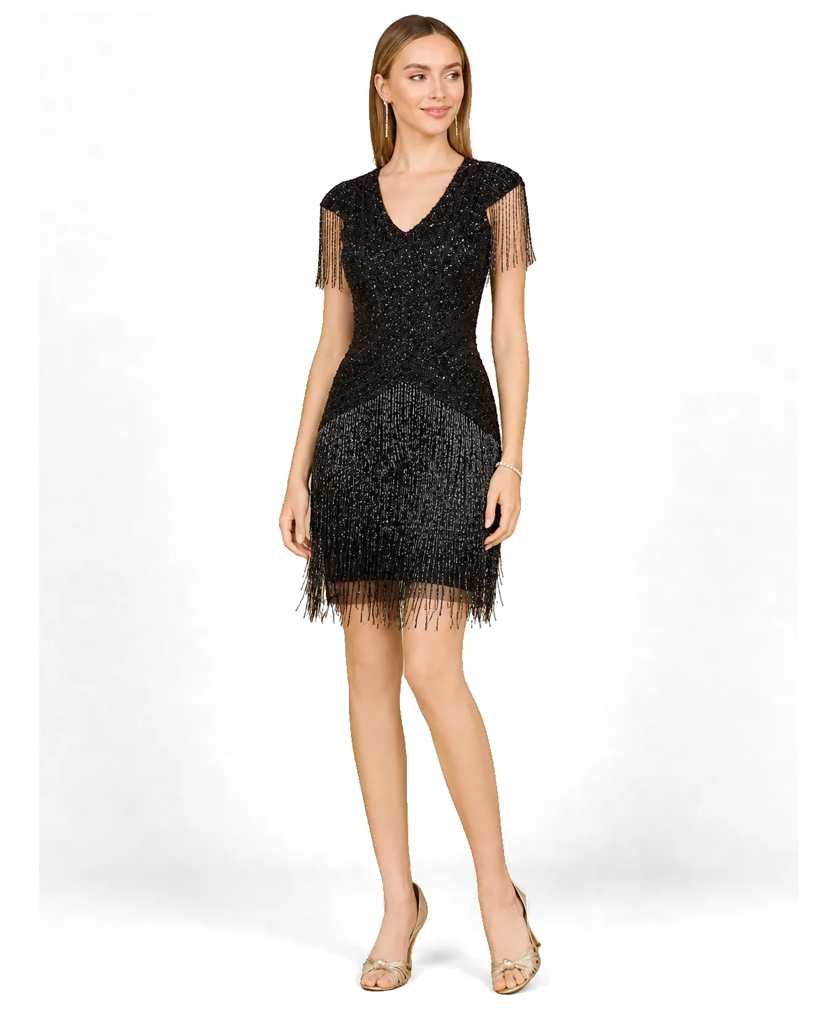 Beaded Fringe Short Dress with Cap Sleeves by Lara