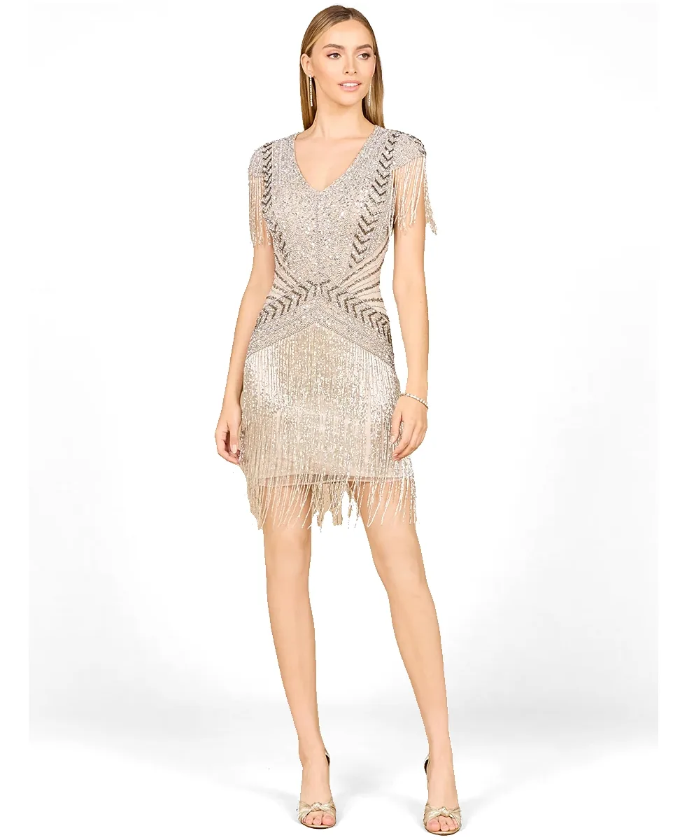 Beaded Fringe Short Dress with Cap Sleeves
