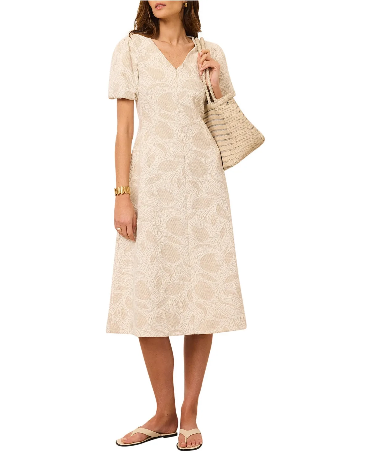 Puff Sleeve V-Neck A-Line Midi Dress by Mint Velvet