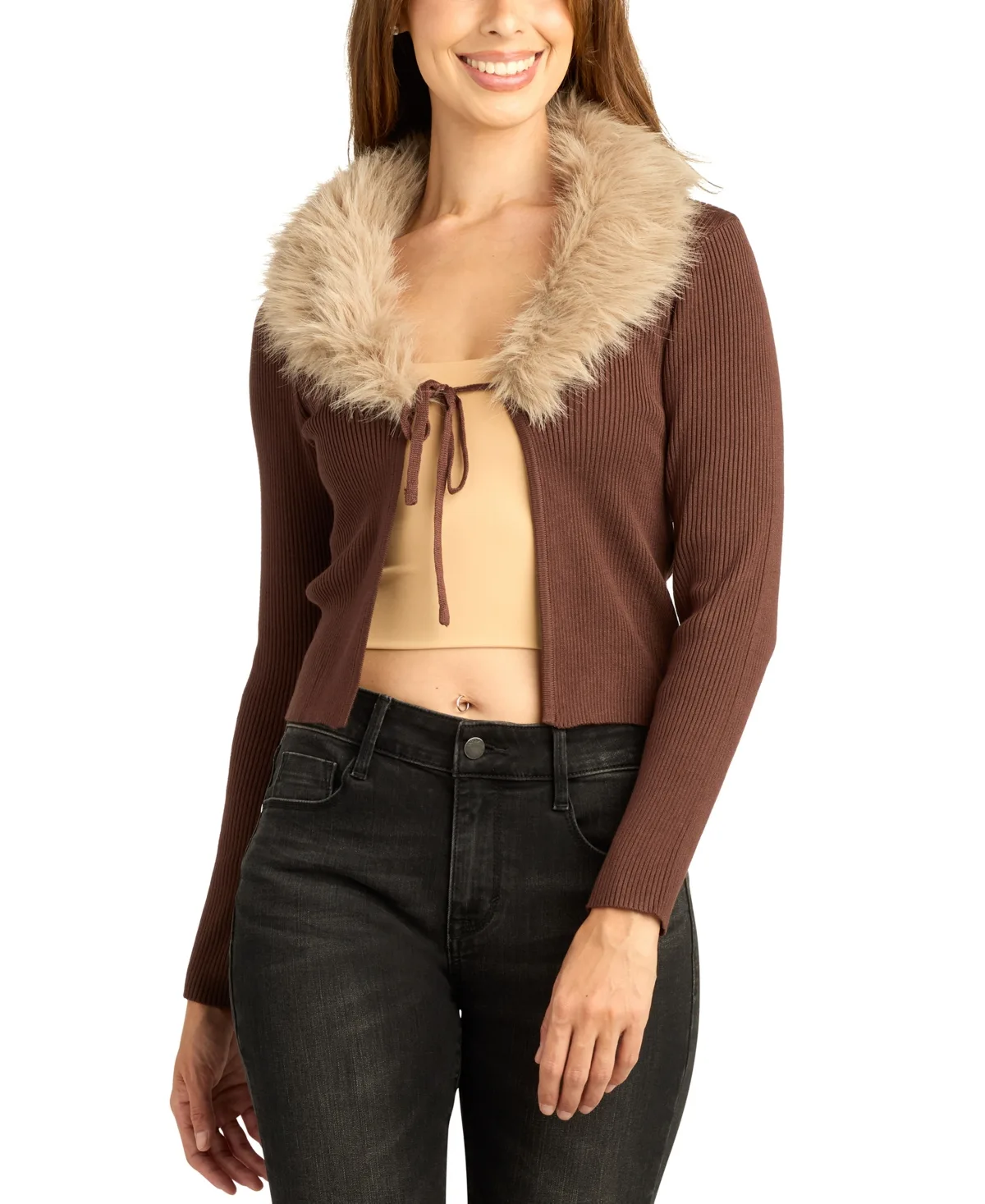 Cropped Tie-Front Faux-Fur Cardigan by Bcx