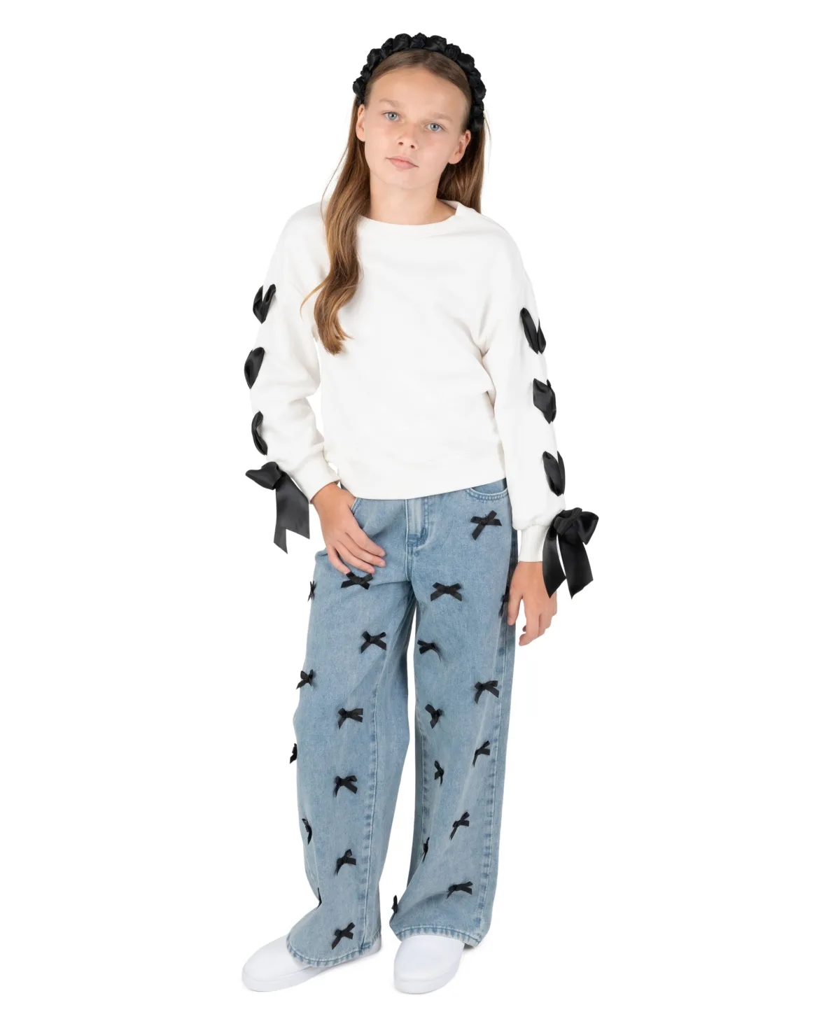 Bow-Trim Sweatshirt and Bow-Embellished Wide-Leg Denim Pants, 2-Piece Set by Tween Diva