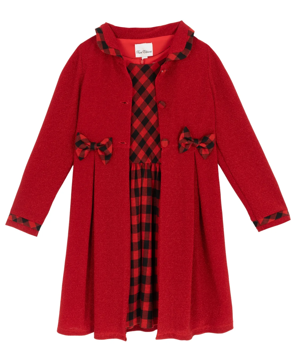 Lurex-Knit Buffalo-Check Bow Coat and Dress, 2-Piece Set by Rare Editions
