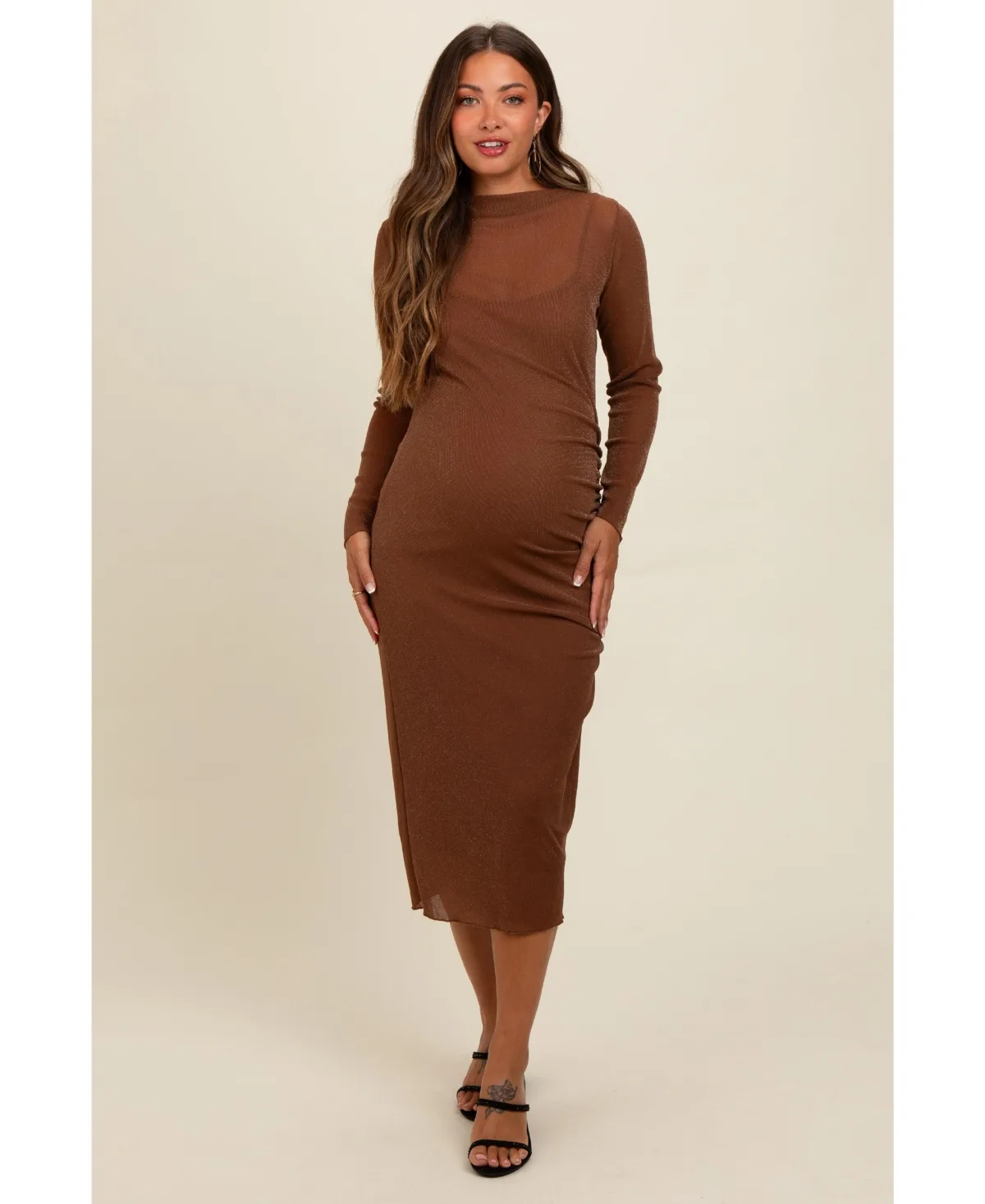 Shimmer Mesh Long Sleeve Ruched Midi Dress by PinkBlush