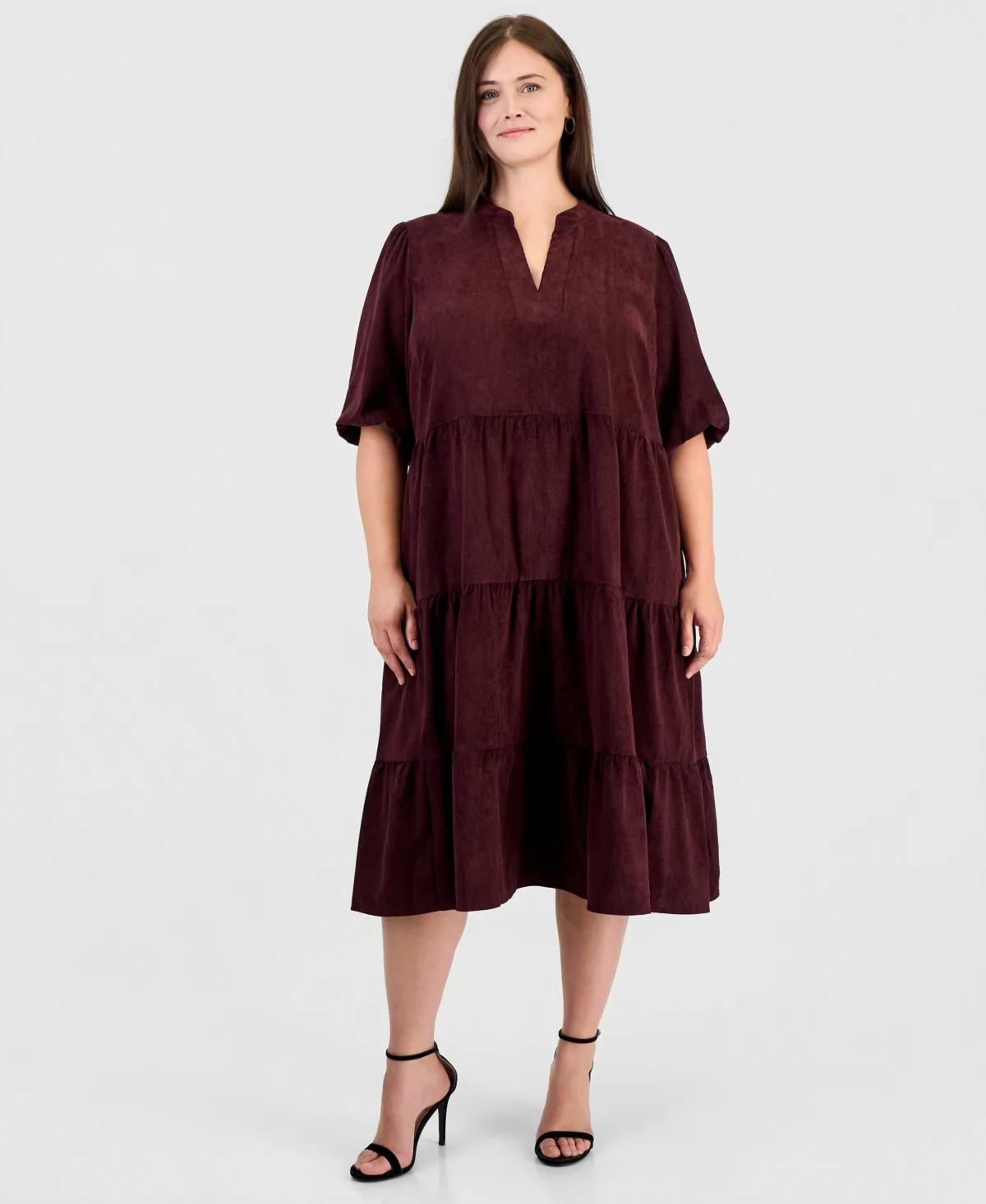 Corduroy Puff-Sleeve Tiered Dress by Robbie Bee