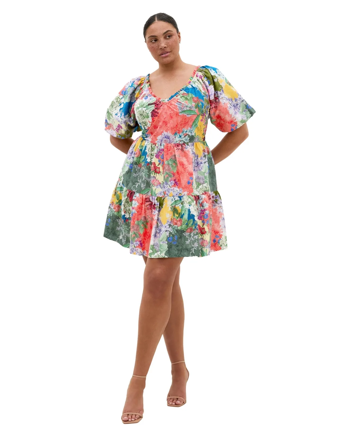 Fantasy Berry Floral Print Puff Sleeve Mini Dress