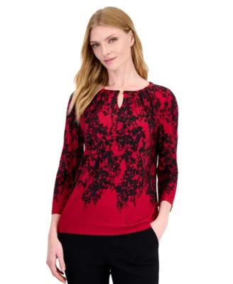 3/4 Sleeve Floral Print Pleated Neckline Blouse by Kasper