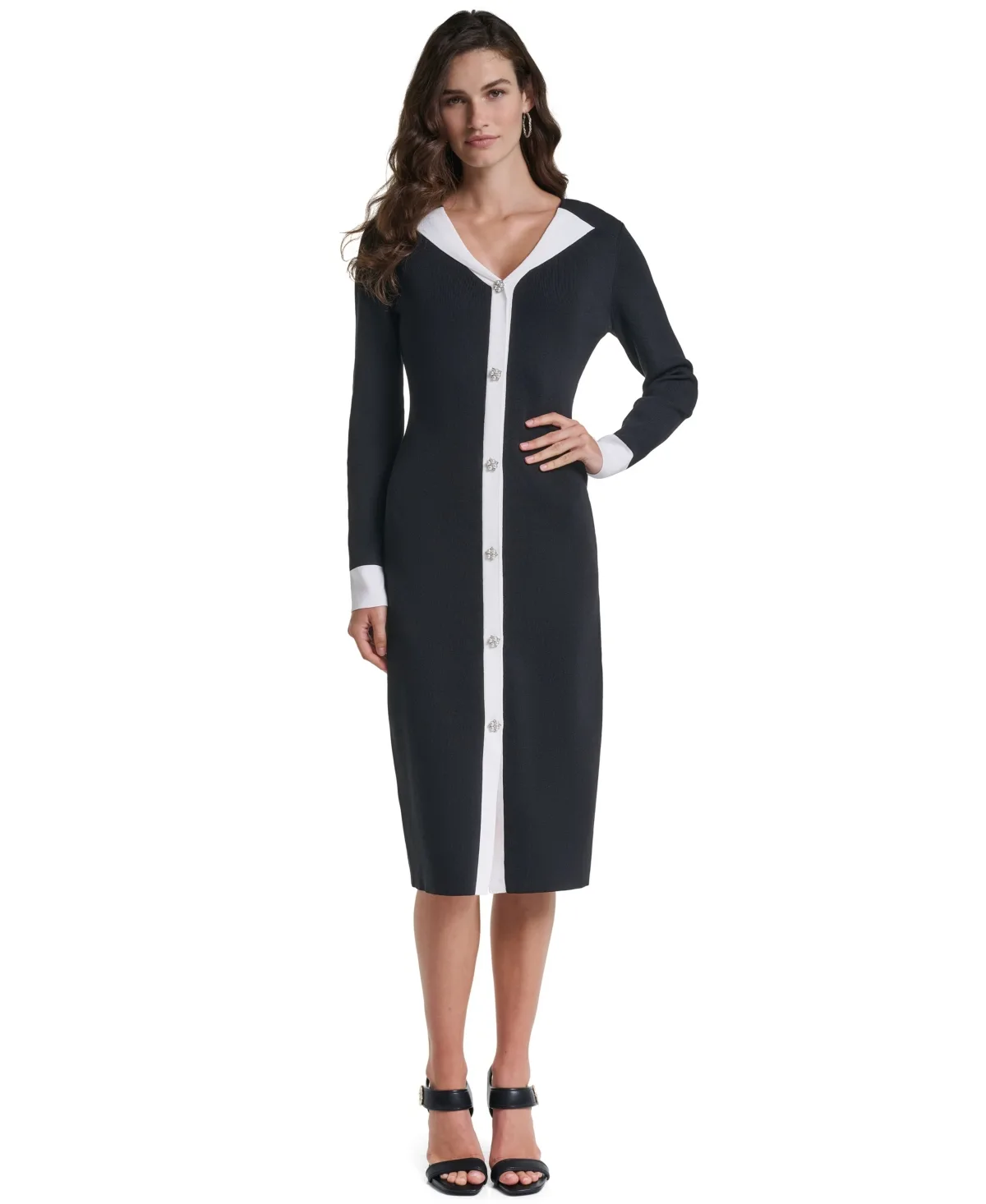 V-Neck Long-Sleeve Colorblock Midi Sweater Dress by Karl Lagerfeld
